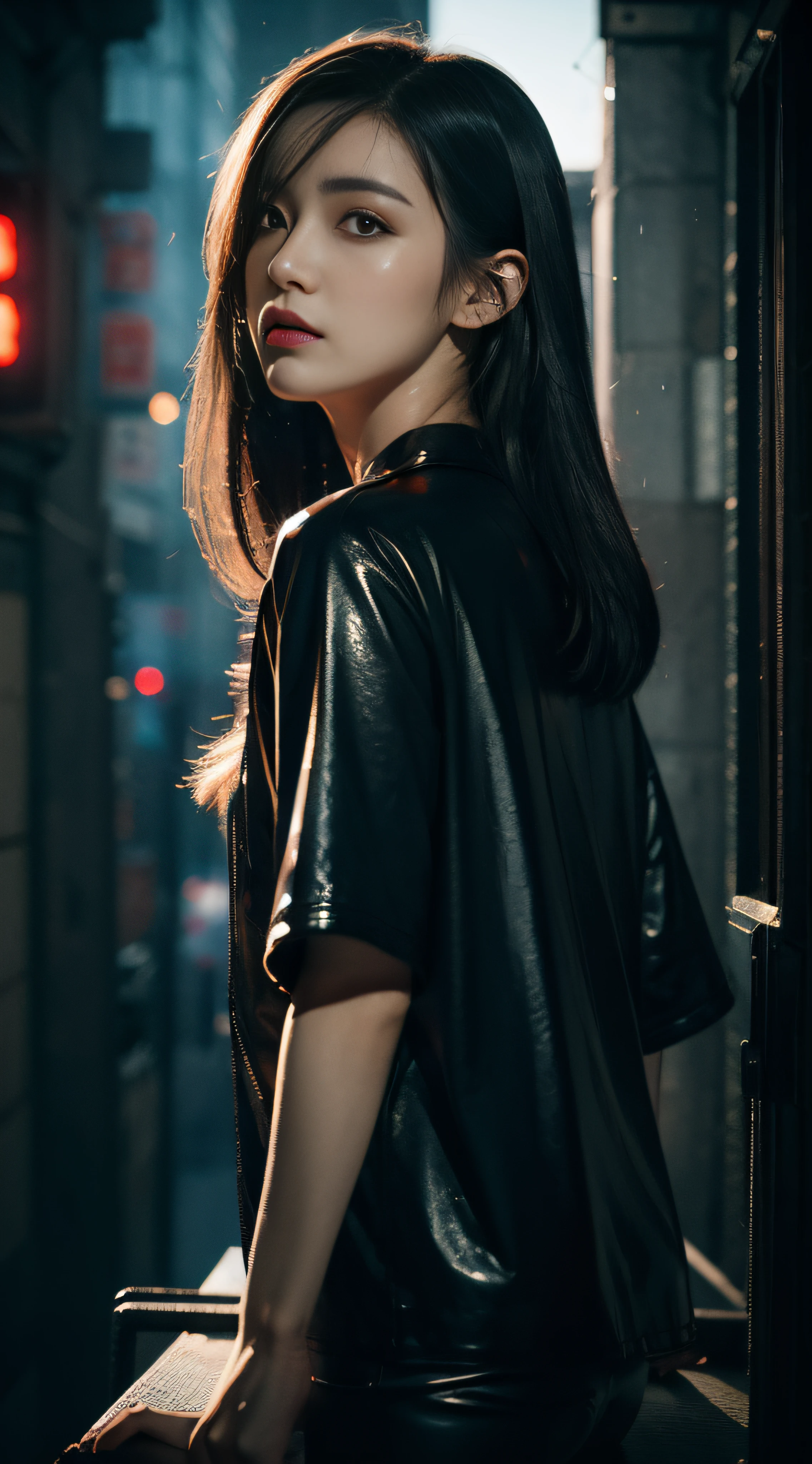 masterpiece、hightquality、Soio、beautiful model、Back lighting、mid shot portrait, Short Sleeve Cyberpunk Streetwear、beautiful hairl、A detailed eye、rain is falling、Brown shortcut hair、low angles、wide-angle lens、14mm lens、sigma、Depth of subject、8K High Resolution、细致背景、Dramatic scenes、wearing cyberpunk streetwear、Rain on neon sign street、Sitting on a bench、Beautiful 26 year old woman,、Blade Runners Air、full body Esbian、Cinematic. leng jun, Anime style mixed with Fujifilm, Inspired by Liam Wong, inspired by Kanō Naizen, cyberpunk vibe, cyberpunk photo, muted cyberpunk style, Medium shot portrait, hyper-realistic cyberpunk style, Drawing with enhanced hair details、A detailed face、more hair、Detailed nose、Detailed mouth、Detailed body、stares at the camera、Hair details