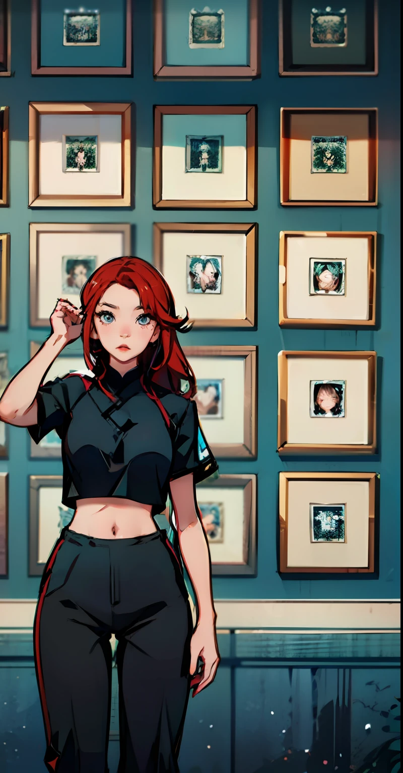 arafed woman in a blue crop top and black pants standing in front of a wall of cell phones, inspired by Cheng Jiasui, wenfei ye, xision wu, wearing a sexy cropped top, taken in 2 0 2 0, inspired by Sim Sa-jeong, appearing in a shopping mall, in an art gallery], inspired by Lu Guang, wei wang, black and white, line art