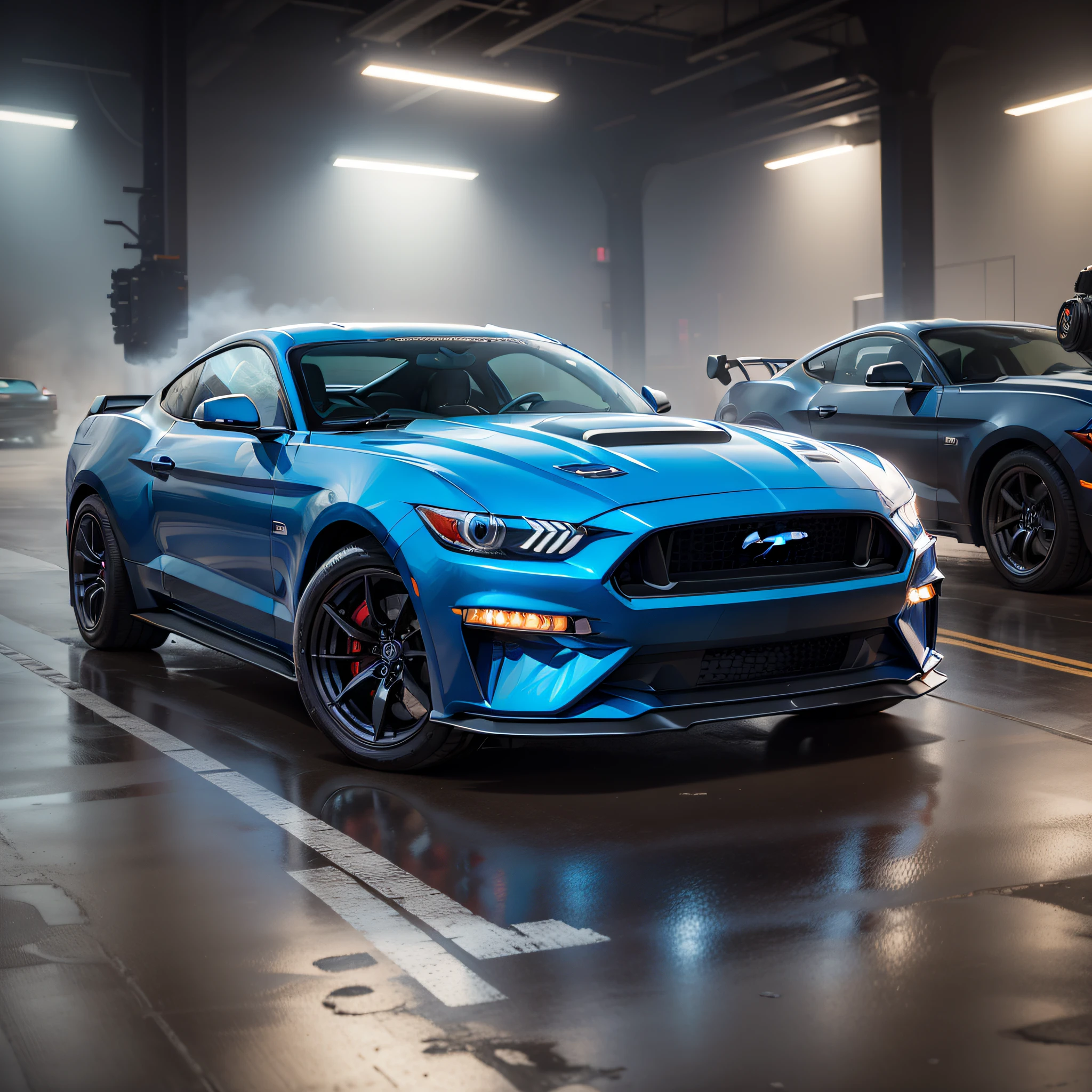 "Imagine an illustrationd of a blue ford mustang car, A gorgeous car with a cyberpunk-style aesthetic, apresentado em um hiper-realismo impressionante. A obra de arte captura todo o corpo do carro, displaying insane fine details with extremely sharp lines and rounded edges. Every inch of the composition is highly detailed, showing the exceptional creative direction of the talented Greg Rutkowski. The image is a true masterpiece, standing out on ZBrush Central and gaining notoriety as a trend on ArtStation. The photograph was expertly captured in a professional studio, ensuring a sharp focus and providing a complete view of the car. The futuristic aesthetic and the perfect combination of the Ford Mustang and the biomechanical design create an impressive and unique atmosphere. Every intricate detail is meticulously displayed in the central plane of the composition, sem qualquer corte em qualquer dos elementos. The result is a stunning image demonstrating how it is possible to achieve an impressive level of precision and artistic perfection. This illustration of the Ford Mustang enchants the viewer with its beauty and originality, offering a fascinating insight into the automobile."
