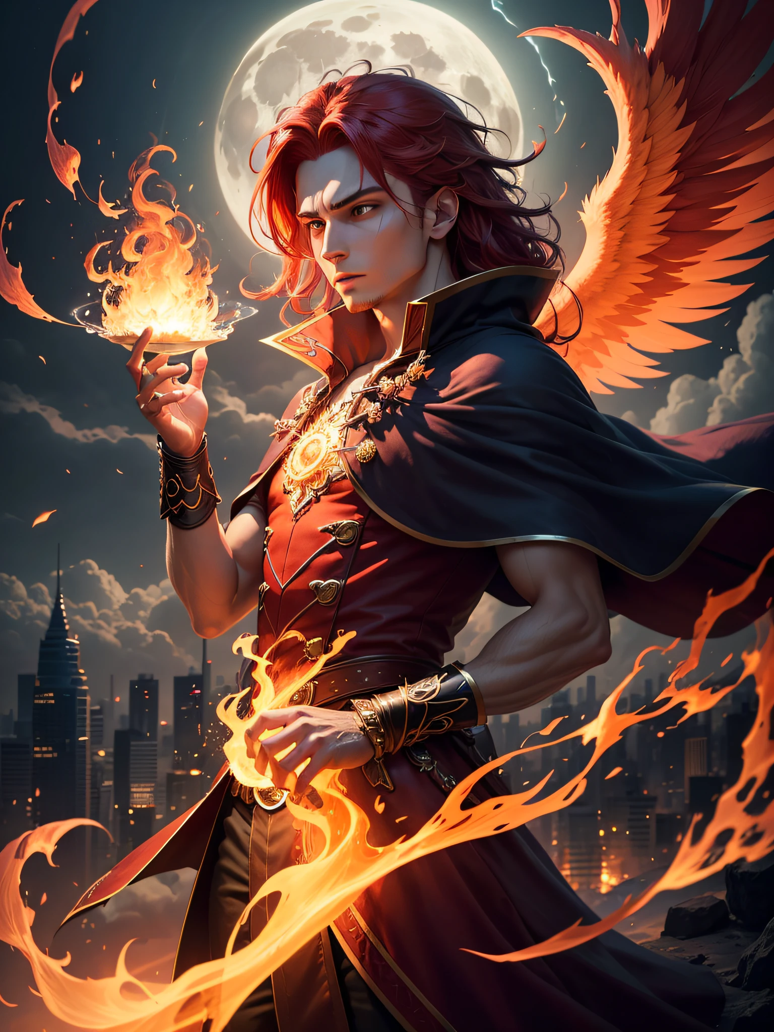 On a moonlit cliff overlooking a mystical city, A mysterious alchemist with crimson hair orchestrates a fire dance that echoes the fiery plumage of a phoenix. As his fiery clothes cascade down and sparks, It seems to embody the essence of rebirth and transformation. The city below is bathed in a warm, ethereal glow, as if touched by the mystical flames swirling around him, evocando uma atmosfera de magia e maravilha. --auto