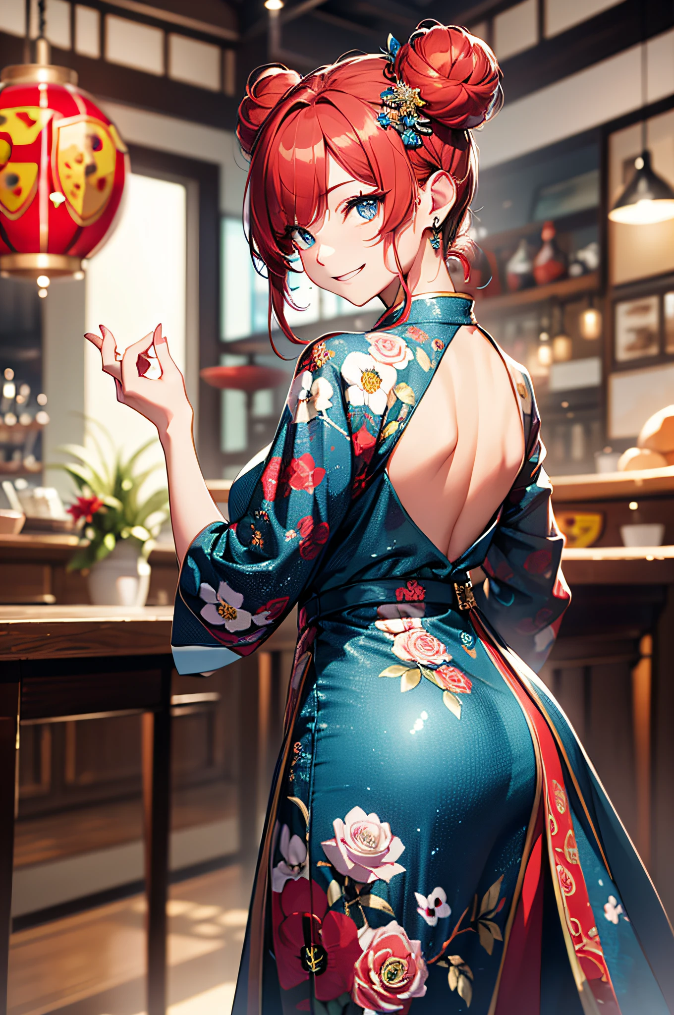 (top-quality、8K、32K、masterpiece、UHD、ighly detailed:1.2)、(Porsche 911:1.5)、Full body, Chinese Restaurant、Carry dishes、beauitful face、blurry backround、20-year-old beauty、shinny skin、Red color hair、short-hair、Double bun、Blue eyes、Chinese clothing、Floral hair ornament、miscievous smile、