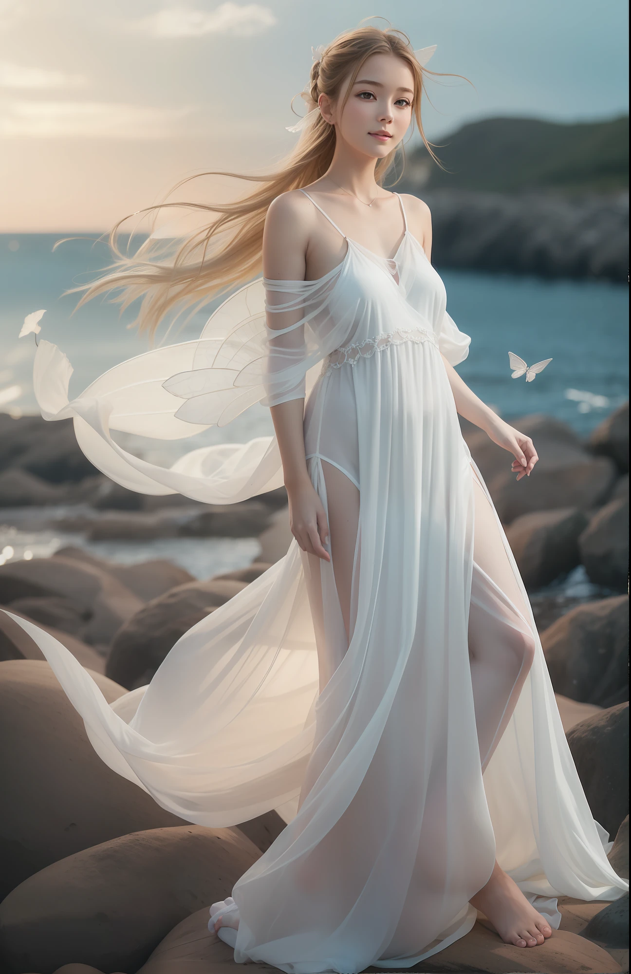 being thin、Photo of gorgeous 20-year-old Icelandic fairy wearing (White flowing dress:1.2) And (Delicate fairy wings:1.2), Grinning, (looking in camera:1.1), (Sateen:1.1), On the beautiful seaside:,, masutepiece, Barefoot, (Natural lighting:0.8), 8K, ((Realistic)), F/1.1, , the woods、covering the navel、hiding breast、Hide legs、(Curvaceous)femele(flawless skin:1.11)And(teats:1.1)、A smile、full body Esbian、Beautiful standing figure、Sea Fairy、Beautiful summer sky、Beautiful white shells