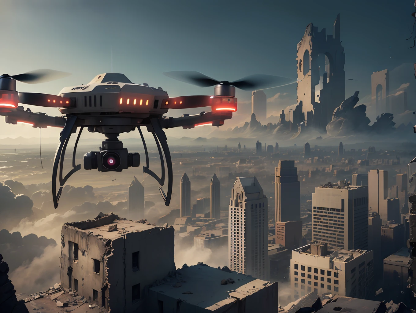 full shot, flying round drone reconnaissance killer armored with a plasma engine flies over the ruins of a metropolis in search of survivors, post-apocalyptic atmosphere, dramatic light, dark key, hdr, high detail, clear focus, 8k, hyperphotorealism, joe bussenik style --auto --s2