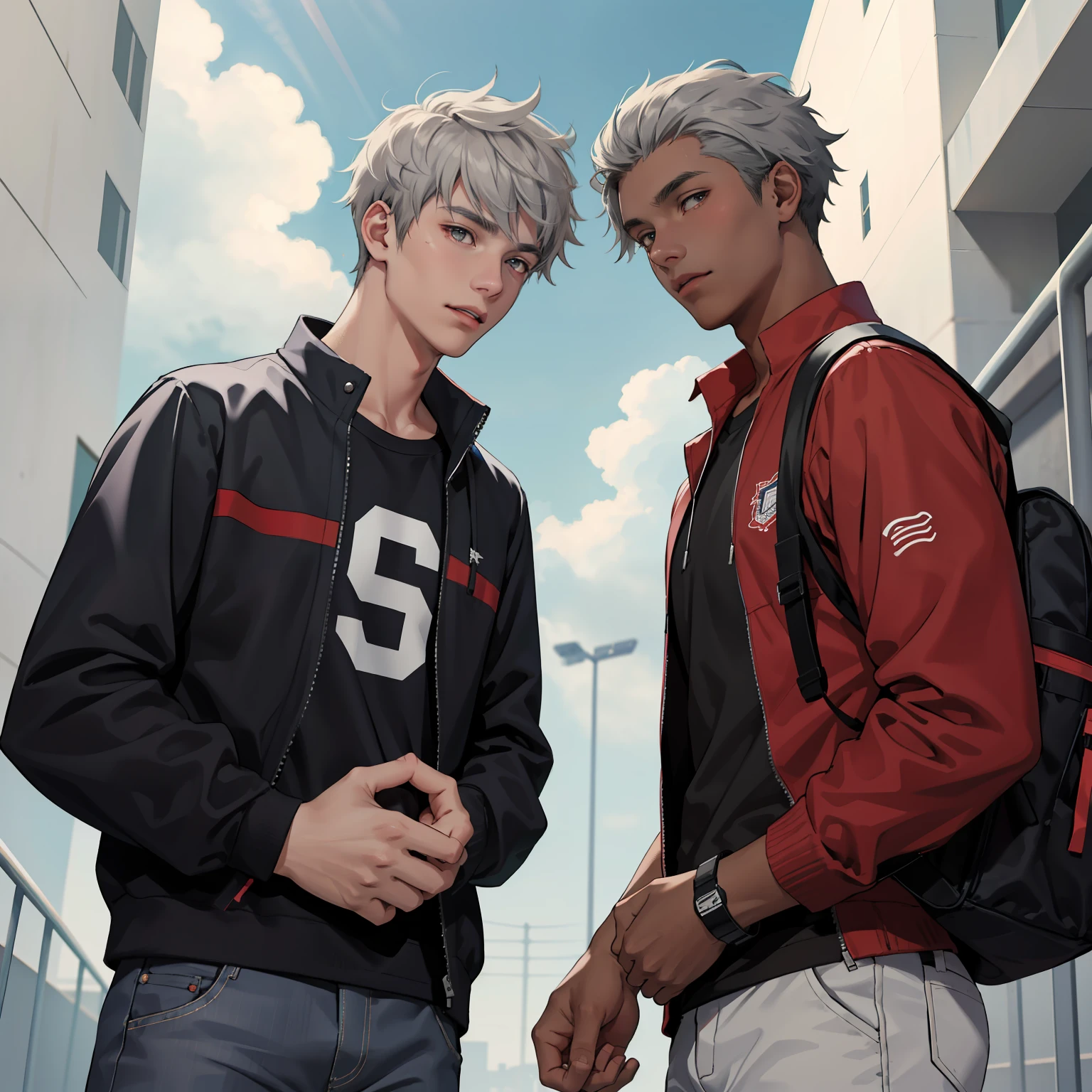Two 15-year-old age friends with brown skin and cloud-light gray hair at school share a secret that they are friends almost like brothers...