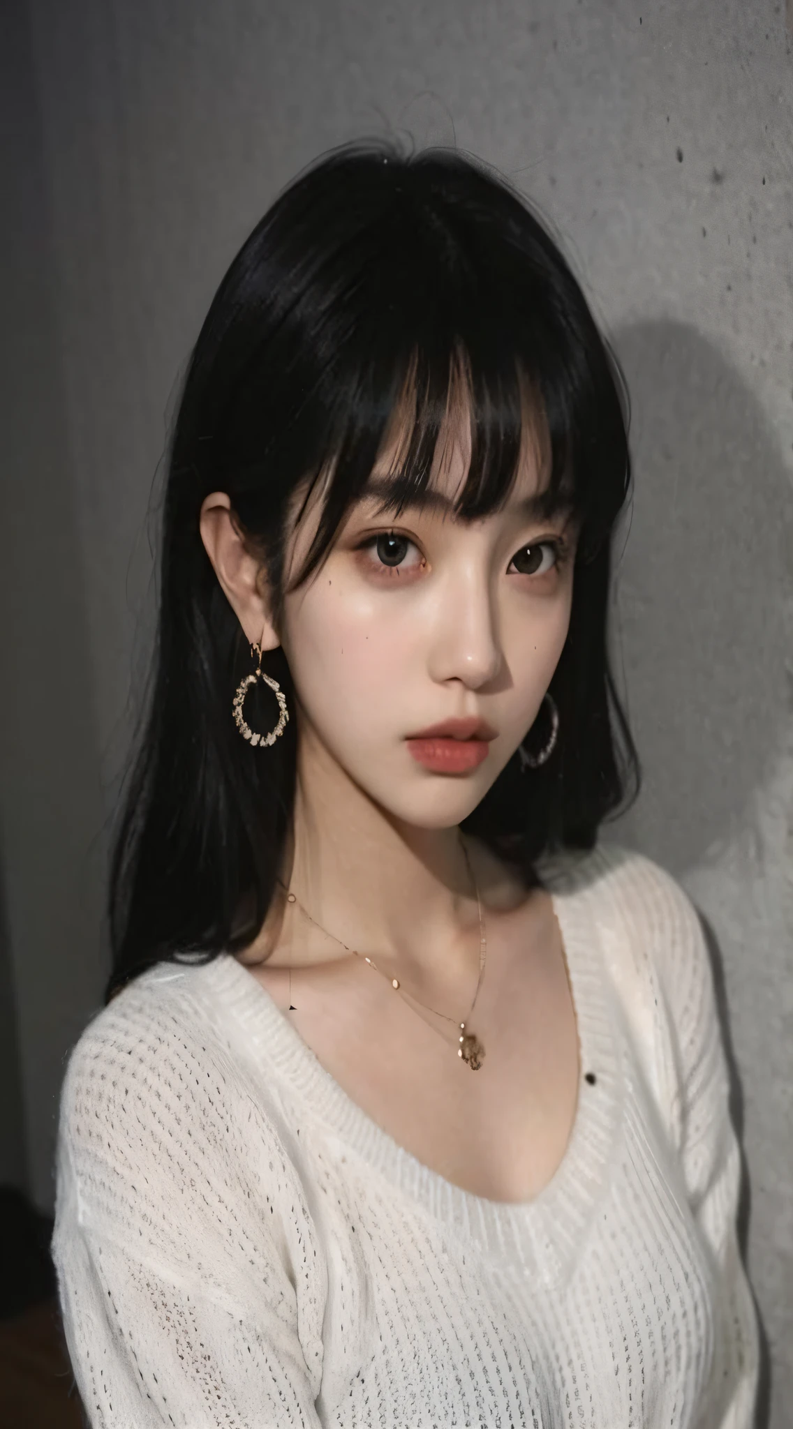 1girl,in the dark,long hair, black hair, necklace, earrings, bangs, white sweater,