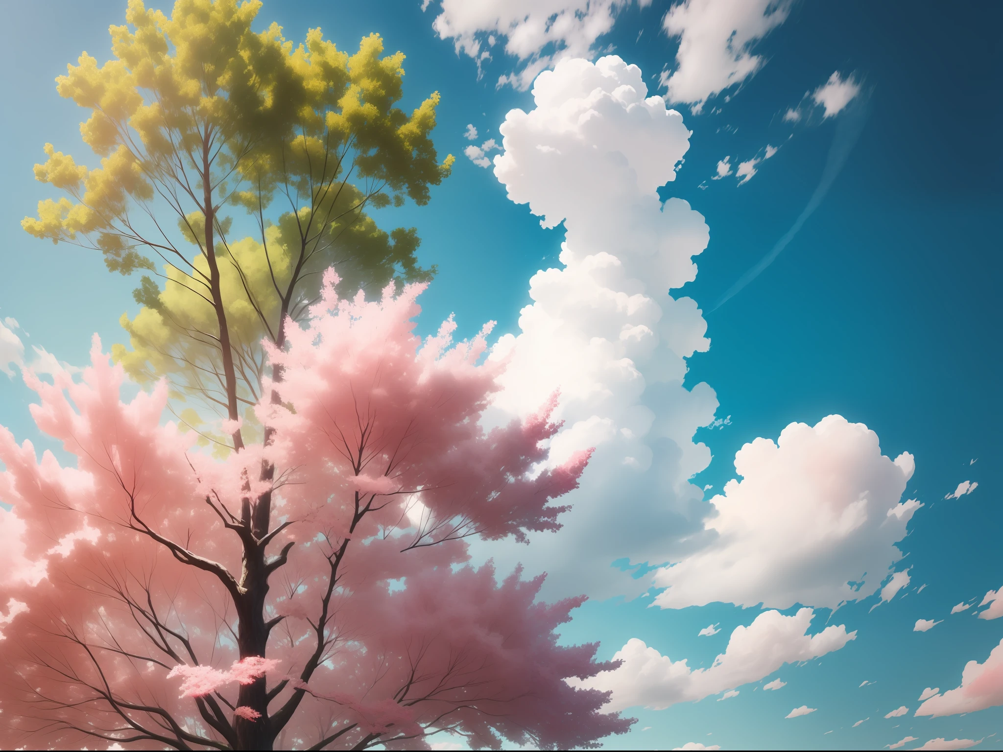Blue sky and white clouds, green trees, sunshine, pink and red colour.