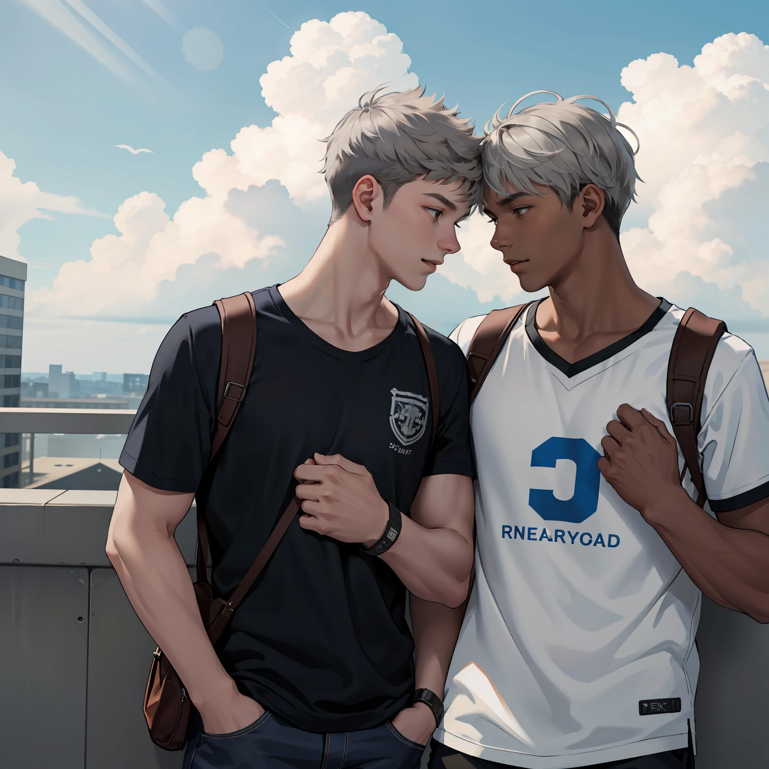 Two 15-year-old teenage friends with brown skin and cloud-light gray hair at school share a secret that they are friends almost like brothers...
