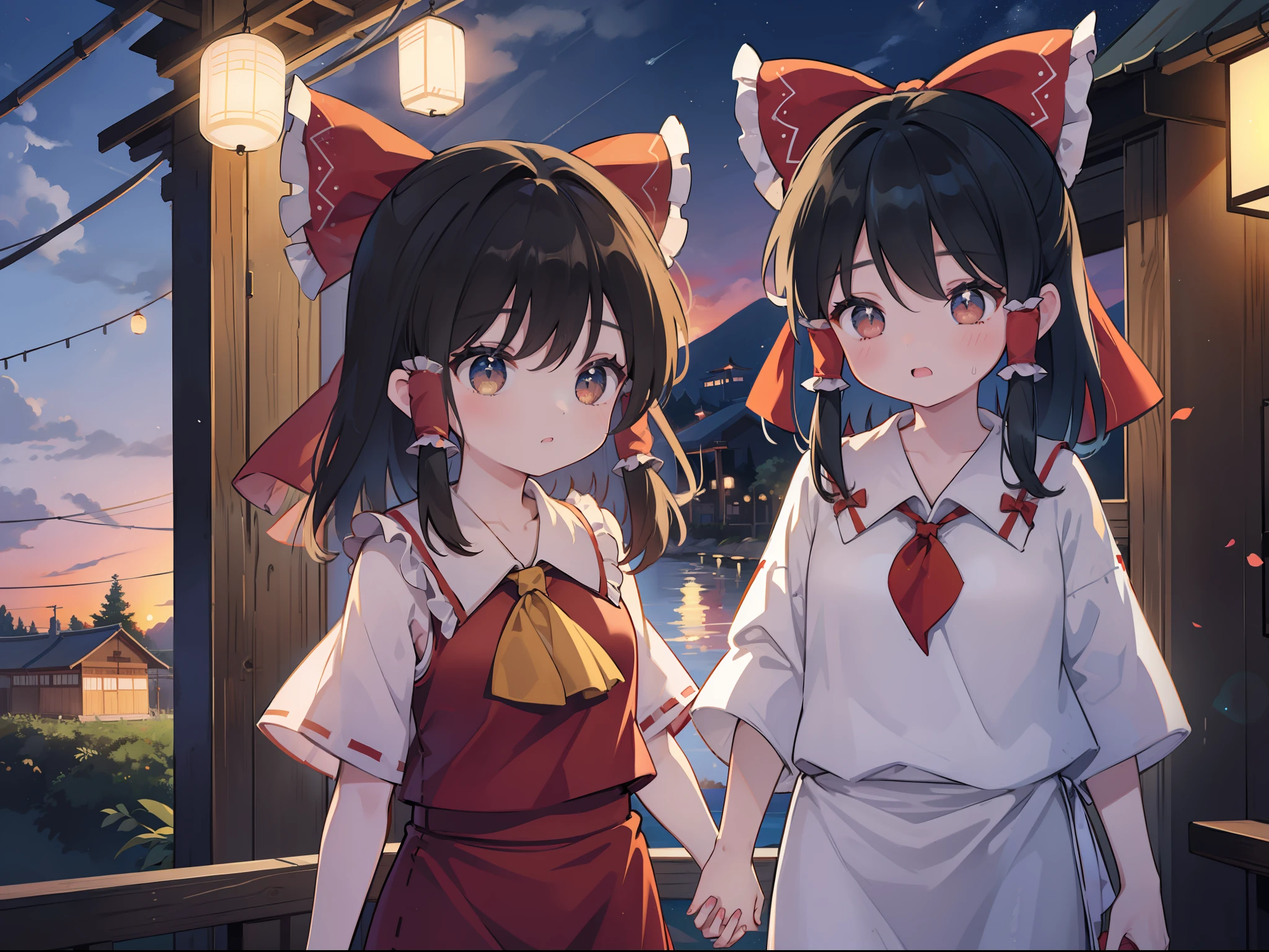 2 girls in、Holding hands、((Borei Reimu))、Holding hands、Sunset Road、beatiful lights、Gentle family face、Small Reiatsu and Big Reiatsu