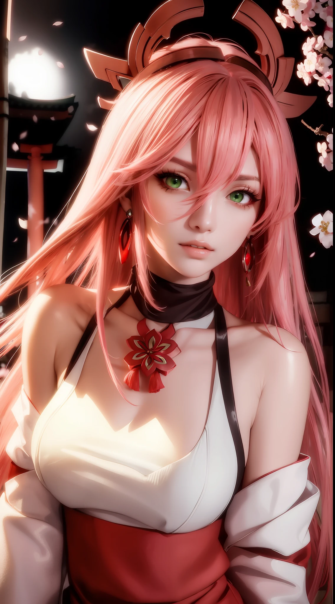 (Masterpiece, Excellent, 1girl, solo, complex details, color difference), realism, ((medium breath)), off-the-shoulders, big breasts, sexy, Yae Miko, long pink hair, red headdress, red highlight, hair above one eye, green eyes, earrings, sharp eyes, perfectly symmetrical figure, choker, neon shirt, open jacket, turtleneck sweater, against the wall, brick wall, graffiti, dim lighting, alley, looking at the audience, ((mean, seductive, charming)), ((cherry blossom background ))),((Japanese temple background)))), (((Glow-in-the-dark background)))