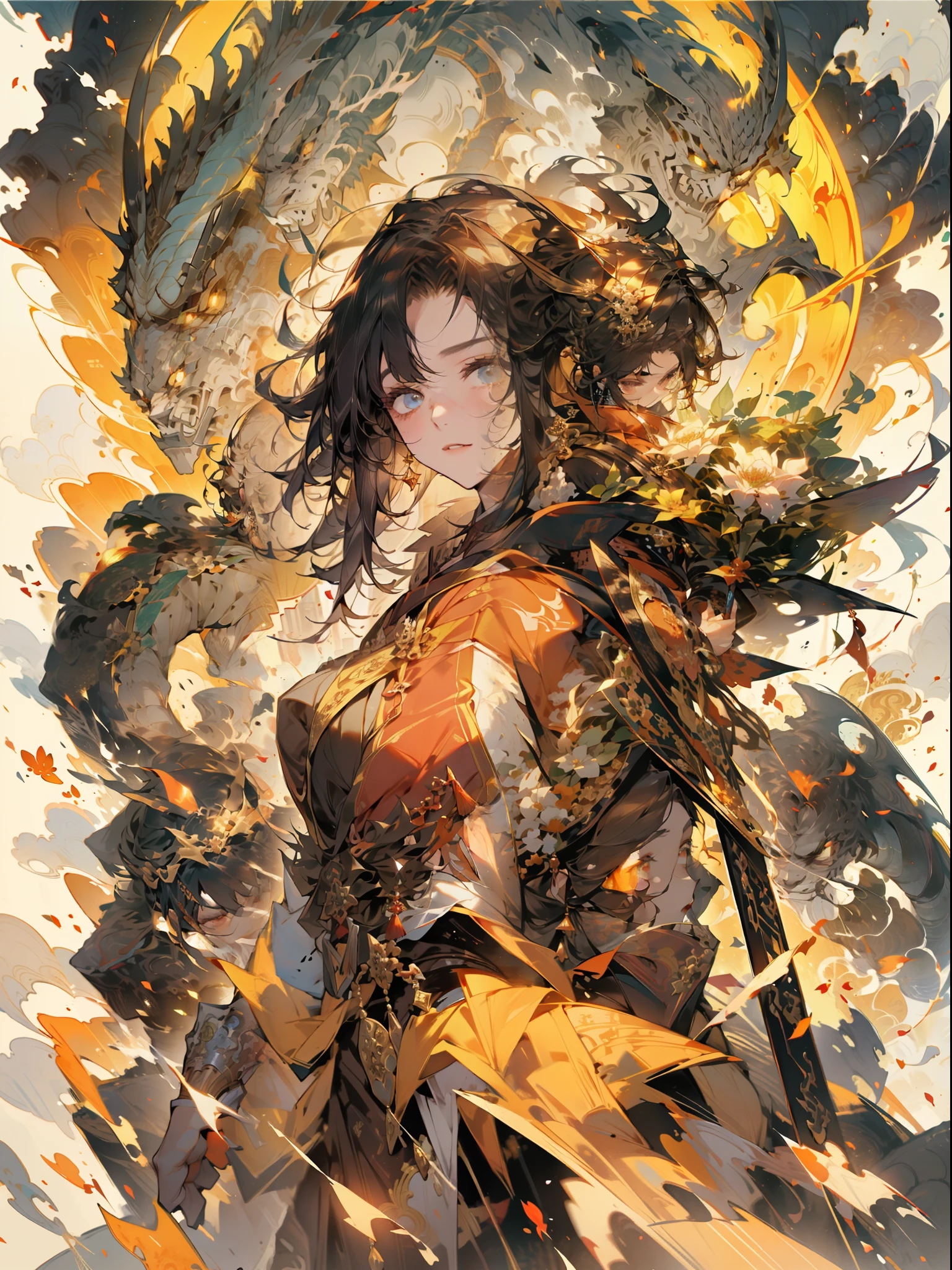 (RAW photos,best qualtiy),(realisticlying,photograph realistic:1.3),Extremely refined and beautiful,astounding,finedetail,tmasterpiece,hyper-detailing,A high resolution,(Most Best Illustration),(best shadow),iintricate,(In a crimson gold Chinese dragon,There is gold dust around,Black flowers,the trees,petals,ventania,Oh, God,Long wavy body,fang,fanciful,mito,high high quality,highly detailed,tmasterpiece,epic,particle effect,Dynamic effects,(drak:1.4)Front),Clouds,firestorm,mountain ranges,the sunset,sharp fokus, volume fog, 8K UHD, digital SLR camera, high qulity, (filmgrain:1.4), 富士XT3,offcial art, Unity8k wallpapers, ultra - detailed, Beautiful and beautiful, best qualityer, (Zen entanglement, tangled, entangled), (s fractal art: 1.4), 1girll, brunette color hair, chino, Splendid robes, The is very detailed, dynamic angle, (The most beautiful chaotic shape), flowing, (Bright colors), OC, (halfway: 1.2), Chinese big breasts, (tape: 1.3), (dream: 1.5), (Hanfu: 1.5), chinesedragon,(ssmile: 0.5), (Chinese God), realisticlying, 超A high resolution, 复杂, hyper-detailing, (dent in the skin), femele, Detailed body, (Detailed face: 1.1), (contoured iris), (Watercolor lenses), (perfect eyes), 4k, opulent, (tmasterpiece: 1.2), (best qualtiy:1.2),slutty,tempting pose。