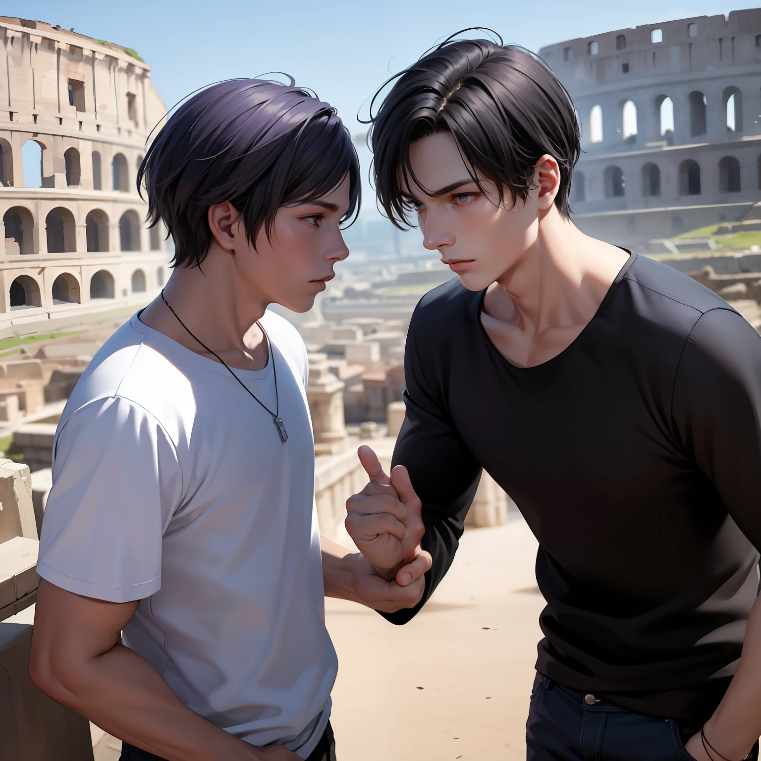 Two male male boys men have purple skin and red eyes converse looking into each other's eyes looks serious and worried In the background you see the city of ancient Rome