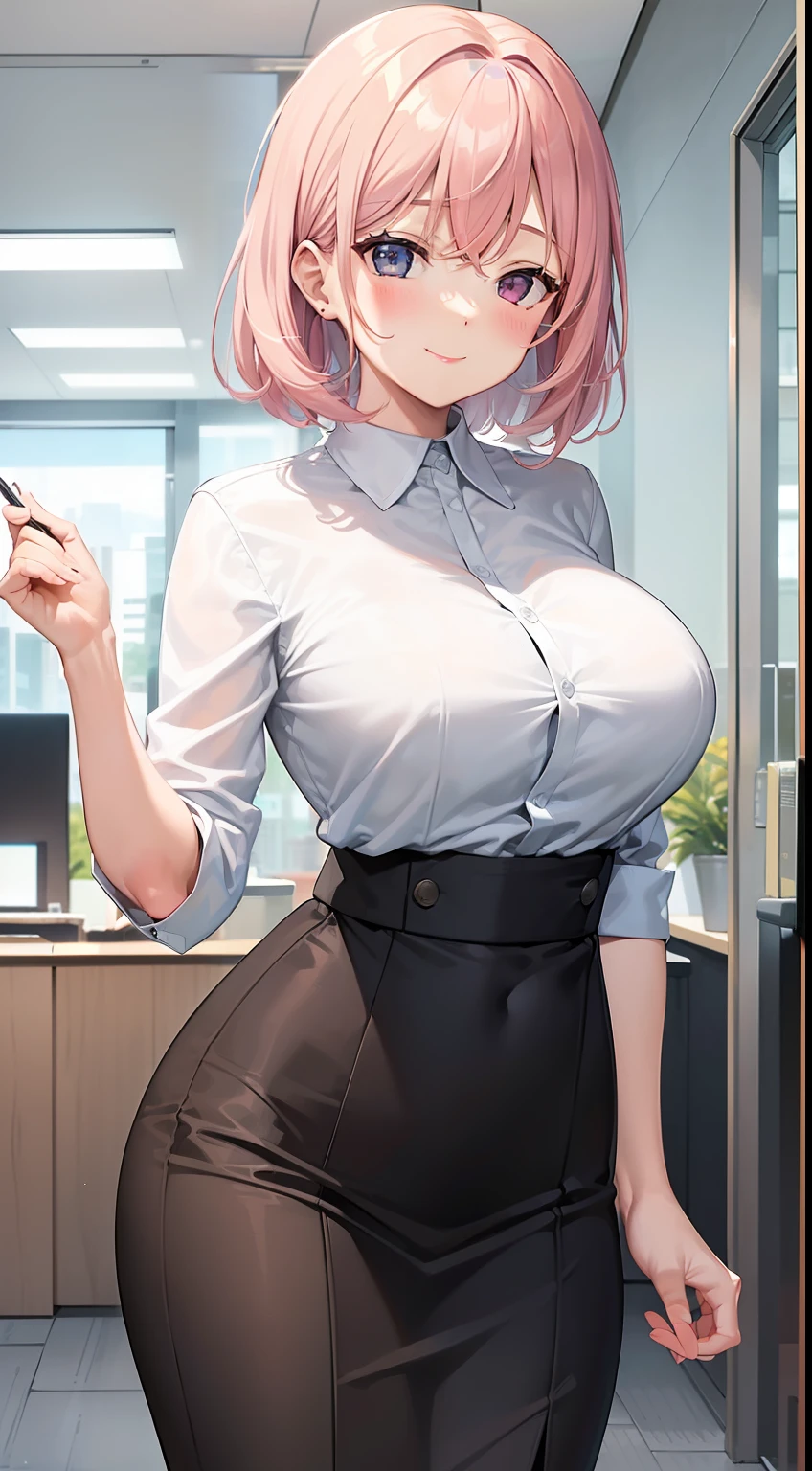 ((masterpiece, best)),(1girl),((mature woman)), light pink hair, dizzy, trumpet, ((office lady)), bangs, mid-chest, (full), slim, smiling, [wide hips] ,office,standing, aru \(blue archive\),