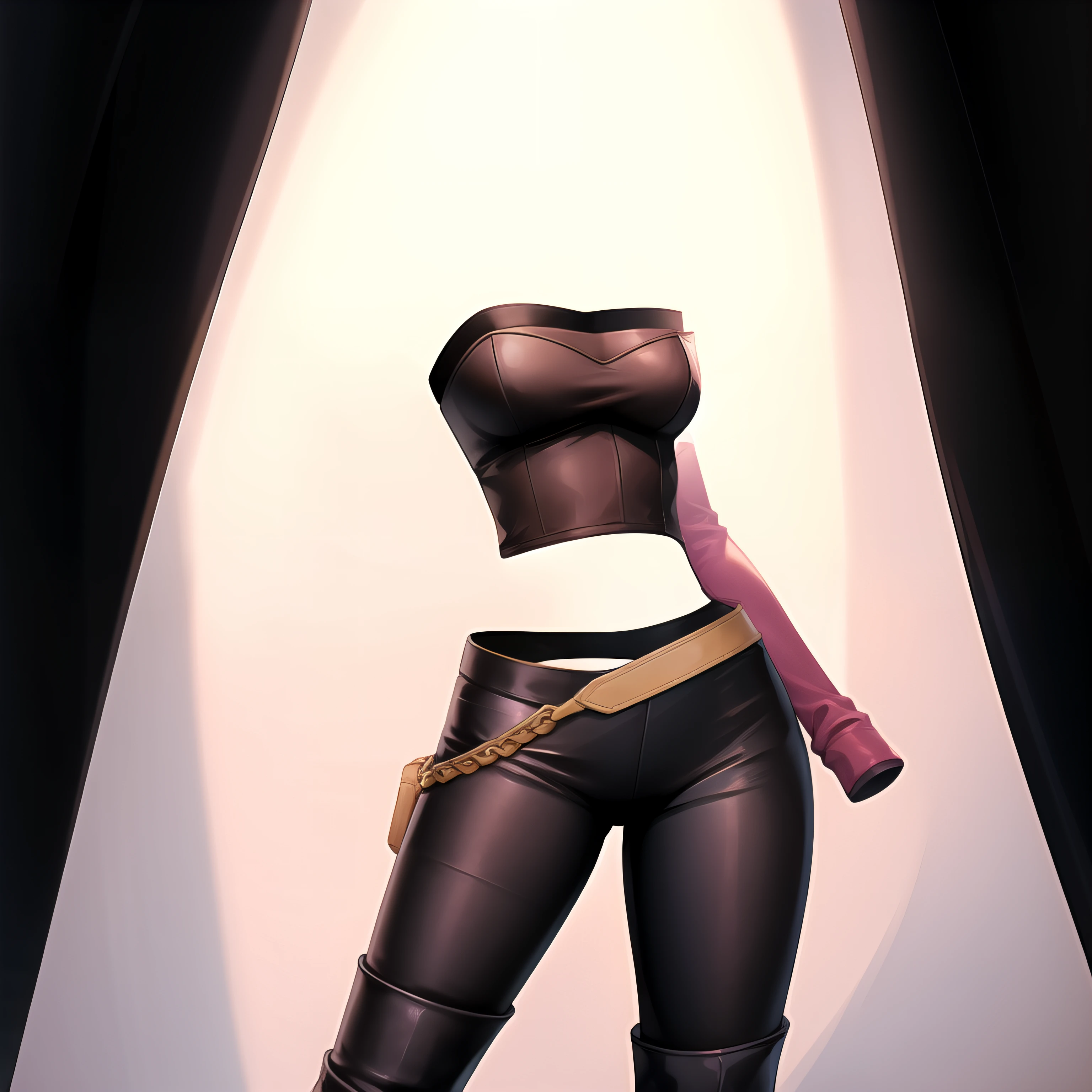 Leather pants, white boots, pink strapless tube top, best quality, masterpiece, invisible, headless