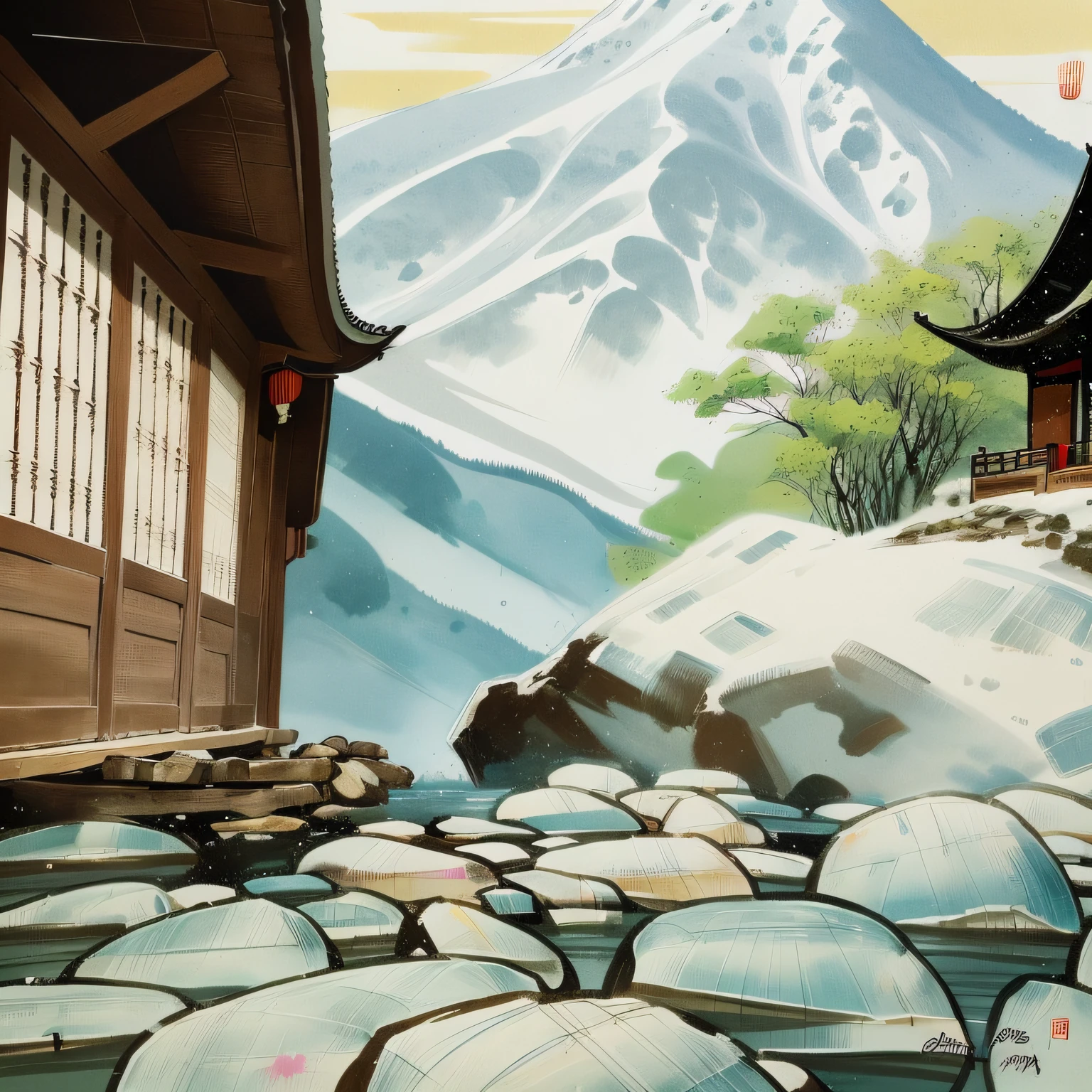 Close-up，Painting of a building with a mountain as a background, Ancient eaves，Look up, background depicting a temple, Chinese style buildings, ancient china art style,Chinese style painting, artwork in style of sheng lam, chinese temple, Chinese watercolor style, Chinese architecture