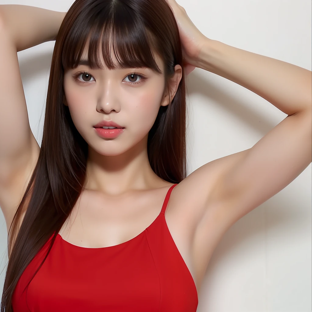 A girl,red dress,armpit,bangs bangs,black long hair straight