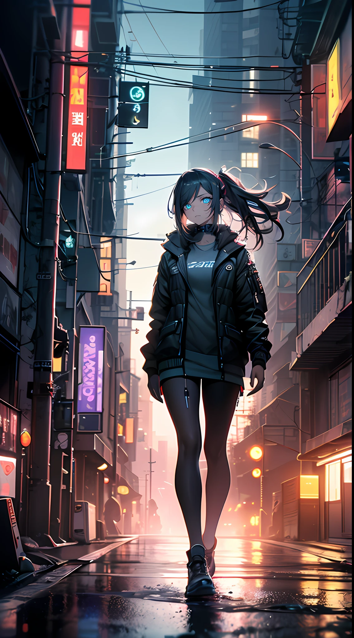 ((best qualtiy)), ((tmasterpiece)), (the detail:1.4), 3D, A beautiful cyberpunk female image,hdr(HighDynamicRange),Ray traching,NVIDIA RTX,Hyper-Resolution,Unreal 5,Subsurface scattering、PBR Texture、post-proces、Anisotropy Filtering、depth of fields、maximum definition and sharpness、Many-Layer Textures、Albedo e mapas Speculares、Surface coloring、Accurate simulation of light-material interactions、perfectly proportions、rendering by octane、Two-colored light、largeaperture、Low ISO、White balance、the rule of thirds、8K raw data、Kizi,(Indifferent expression),(Glowing blue eyes:1.331),grey long hair,(Cyberpunk Style),in a panoramic view,城市,nighttime scene,neonlight,(the motorcycle),(Ride),Long flowing hair,