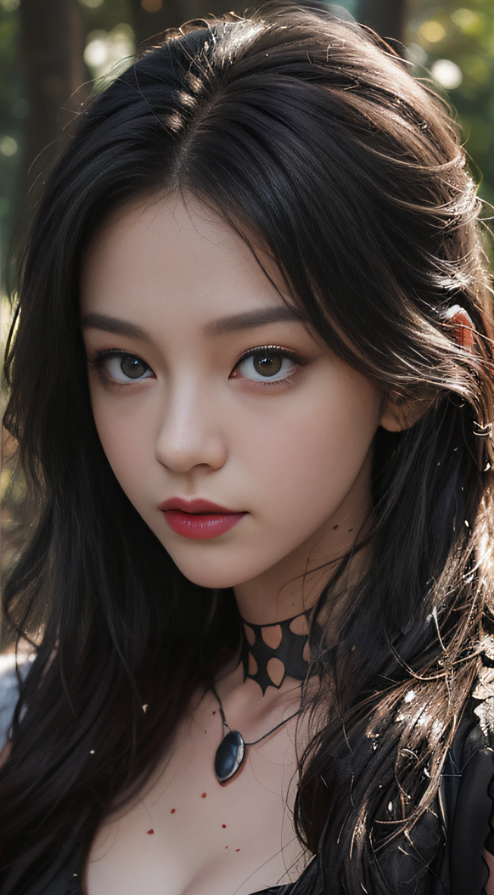 ((splash of color,Splash ink、Color splattering)),closeup cleavage,ln the forest,hillside,Quiet,Rustic,High-definition details、((Black semi-mechanical body))Spider-Man from Marvel,