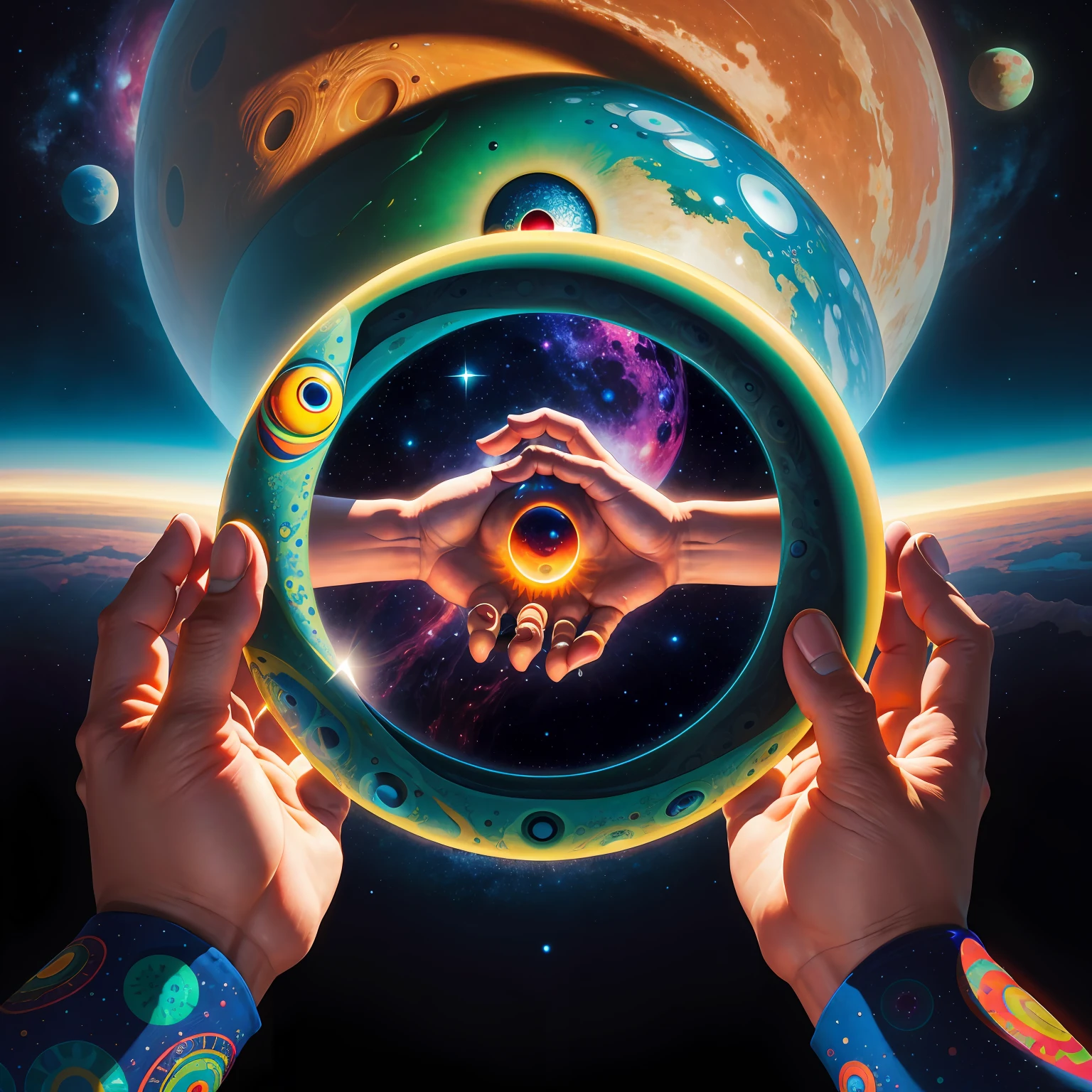 **it is a hand with oculi's eyes in the middle of a hand in the style of steve hillier, lunarpunk, childlike illustrations, cosmic visions, photo-realistic hyperbole, emek golan, exaggerated perspectives --s 50 --q 2