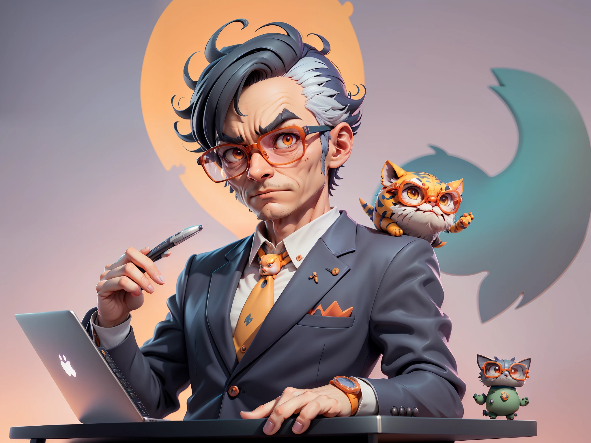 A young man in a suit, Short hair and glasses sat at his desk，holding laptop，digitial painting，tigre，3D character design by Mark Clairen and Pixar and Hayao Miyazaki and Akira Toriyama，4K HD illustration，Very detailed facial features and cartoon-style visuals。