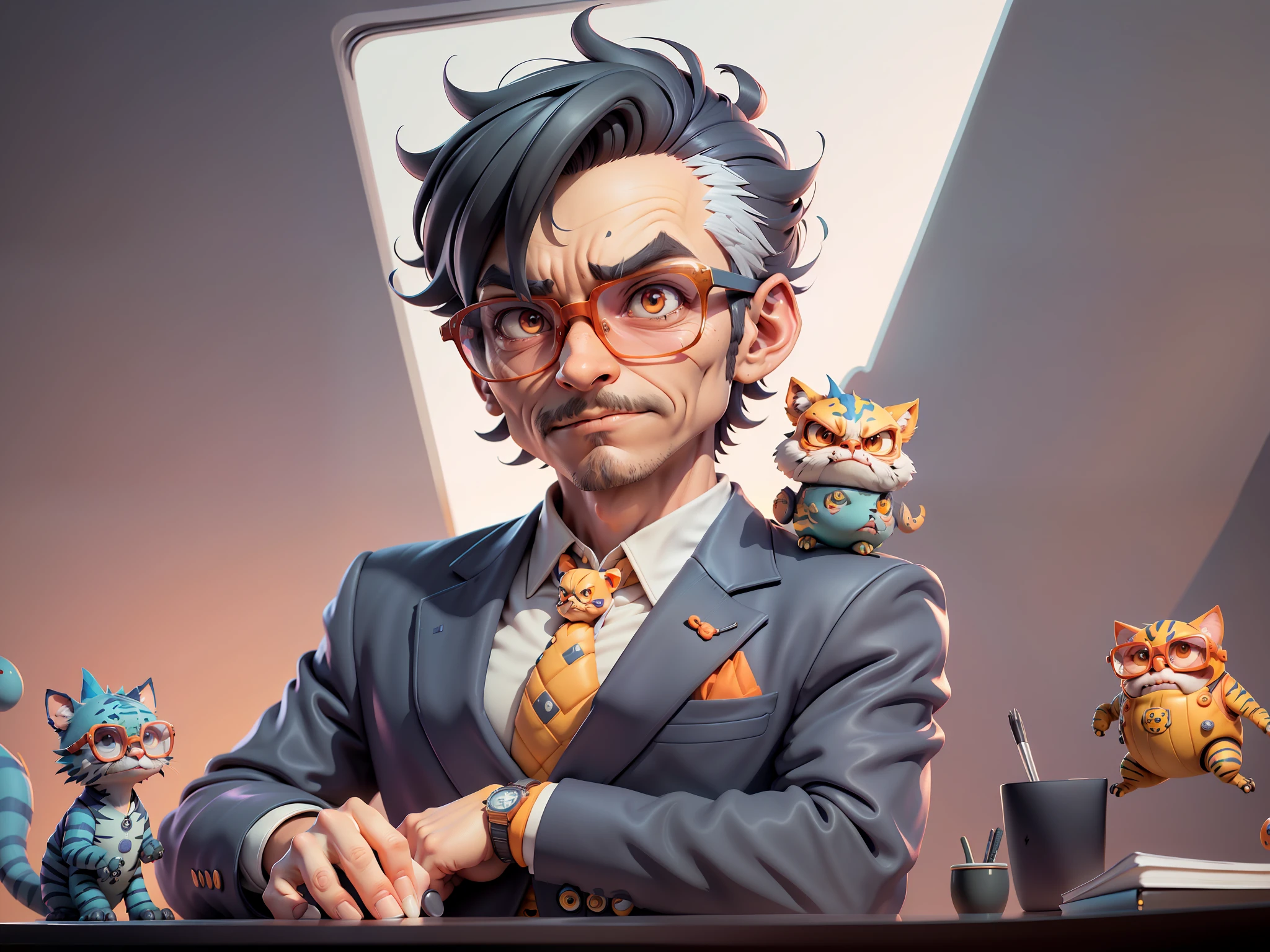 A young man in a suit, Short hair and glasses sat at his desk,holding laptop,digitial painting,tigre,3D character design by Mark Clairen and Pixar and Hayao Miyazaki and Akira Toriyama,4K HD illustration,Very detailed facial features and cartoon-style visuals。