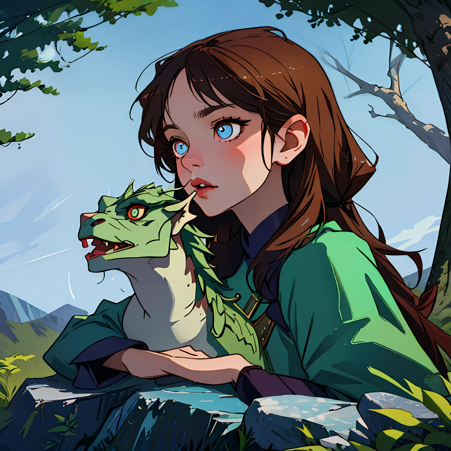 a woman sitting on a rock next to a dragon in the woods with her head turned to the side, Clint Cearley, epic fantasy character art, a character portrait, fantasy art, RAW candid cinema, remarkable color, ultra realistic, textured skin, remarkable detailed pupils, realistic dull skin noise, visible skin detail, skin fuzz, dry skin, textured skin, remarkable detailed pupils, realistic dull skin noise, visible skin detail, skin fuzz, dry skin,