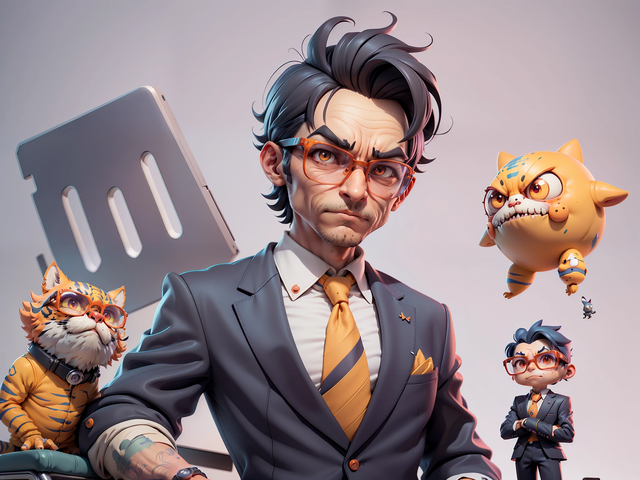 A young man in a suit, Short hair and glasses sat at his desk,holding laptop,digitial painting,tigre,3D character design by Mark Clairen and Pixar and Hayao Miyazaki and Akira Toriyama,4K HD illustration,Very detailed facial features and cartoon-style visuals。