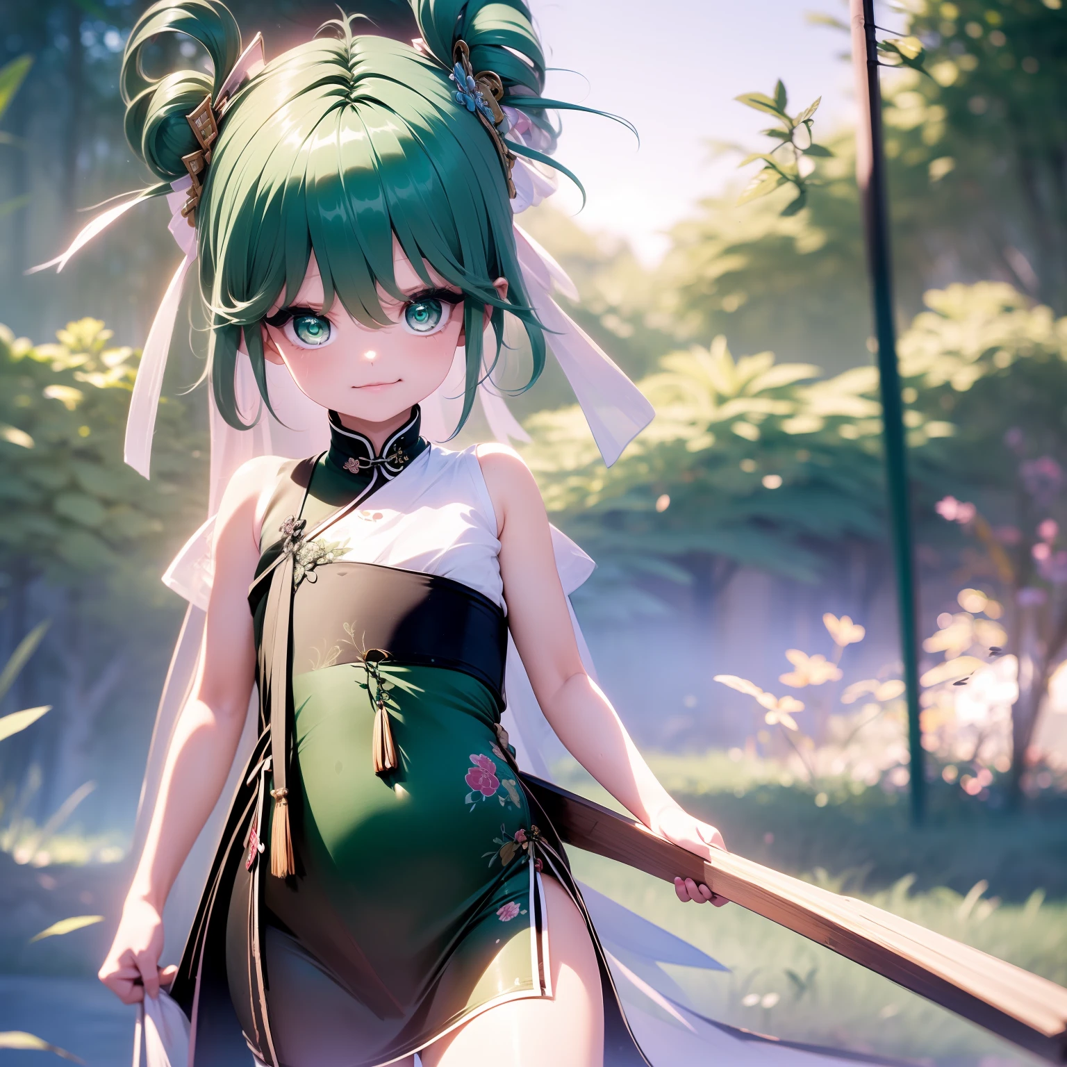 Little Girl, Attack style, in the park, Wearing a green Chinese dress, Sharp eyes, holding a fan, Best quality, masterpiece