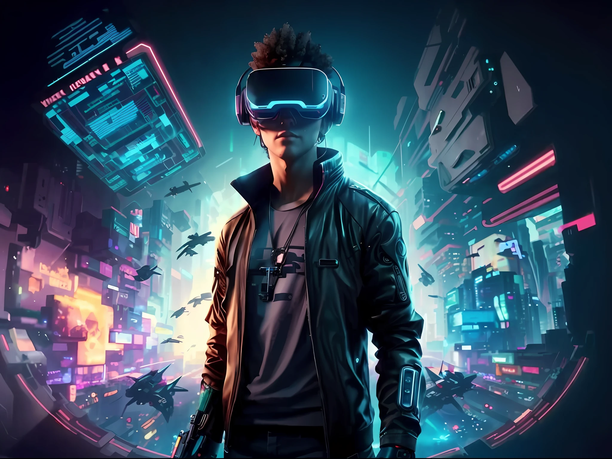 a man in a black jacket and glasses stands in front of a futuristic city, vr game, cyberpunk vibe, cyberpunk vibes, deeper into the metaverse we go, has cyberpunk style, cyberpunk theme, in cyber punk 2077, cyberpunk futuristic, cyberpunk future, synthwave, wearing cyberpunk streetwear, futuristic cyberpunk, cyberpunk tech, retro cyberpunk, synthwave style