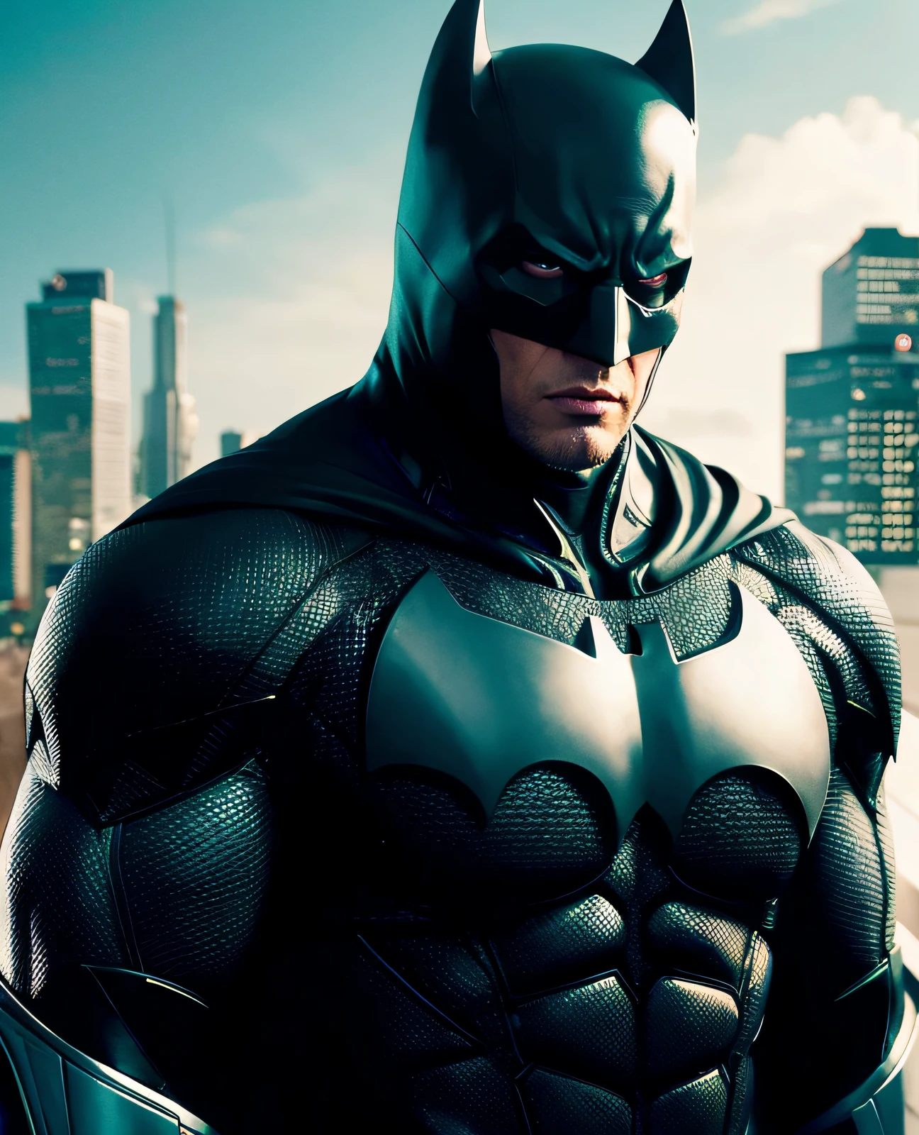 Batman em um traje futurista em frente a uma cidade, Do filme Batman, em Batman : Cavaleiro Arkham, Filme ainda do Batman, Dwayne Johnson como Batman, Retrato do Batman, O Batman, Batman, Mecha do Batman, Retrato de Batman, in batman movie still cinematic, Arkham, Cidade de Arkham, Anigirl Batman, Dwayne Johnson como Homem-Aranha, Dark Knight, em Batman