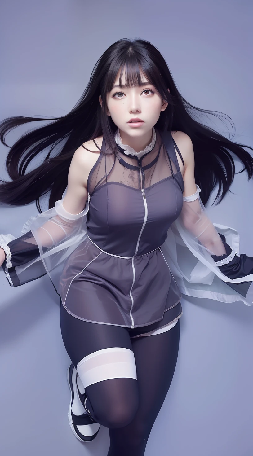 Masterpiece, highest quality, high resolution, interior, detail maniac, high definition, high quality, detailed face, detailed body limbs, detailed five fingers, 1girl, solo, Hinata Hinata, Hyuga sleeveless clothing, bed, sleeveless shirt, fishnet garment, dark lips, unzipped jacket, no bra, tong, exposed breasts, blushing, white light stockings, transparent clothes, exposed pubic hair, camel fingers,