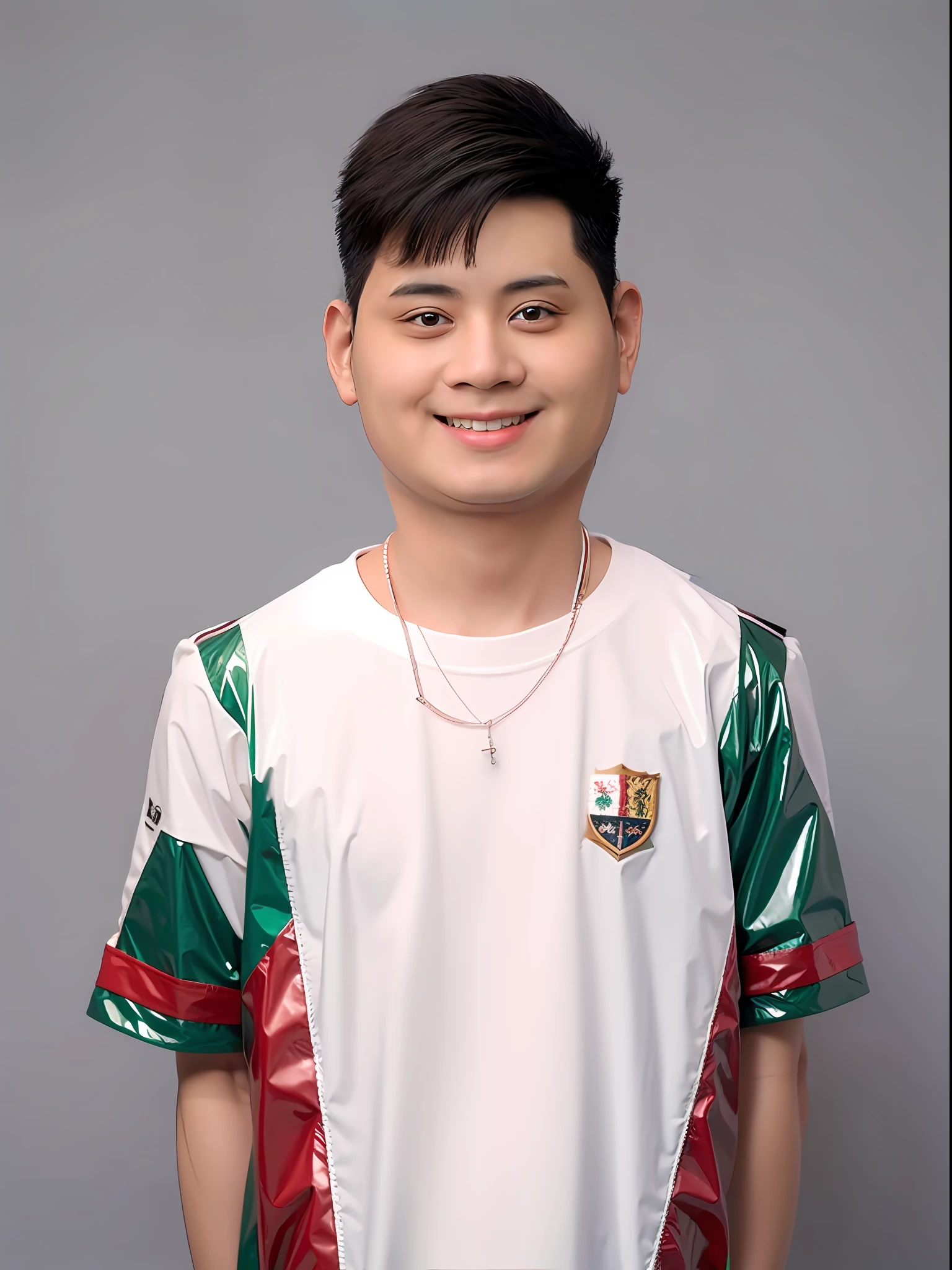 Chinese male high school student,Wear a red and dark green PVC short-sleeved school uniform