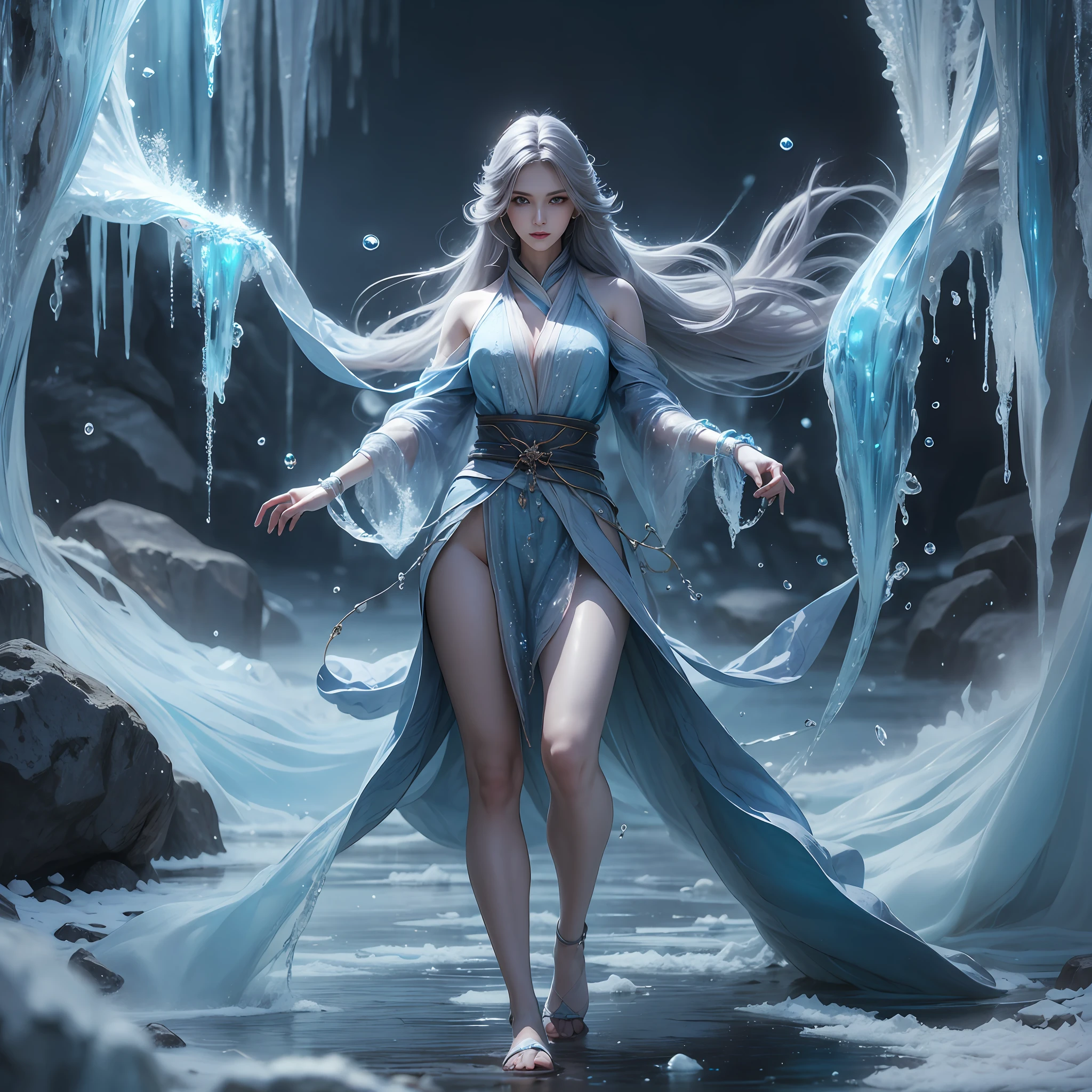 Highest quality, masterpiece, a mature woman, silver glossy long hair, slender legs, (beautiful face: 1.3), conforming to human anatomy, icy environment, huge icicles, blue gradient environment, surrounded by water, dreamy, 8k, full body, (only 5 fingers), cinematic light, realistic