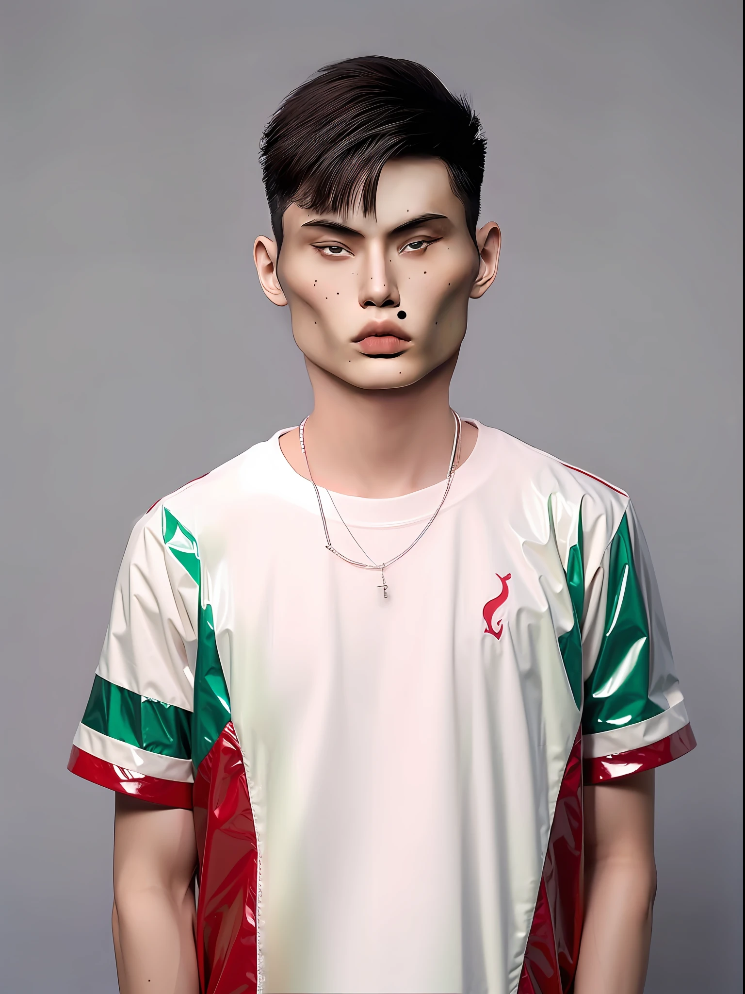 Chinese male high school student,Wear a red and dark green PVC short-sleeved school uniform