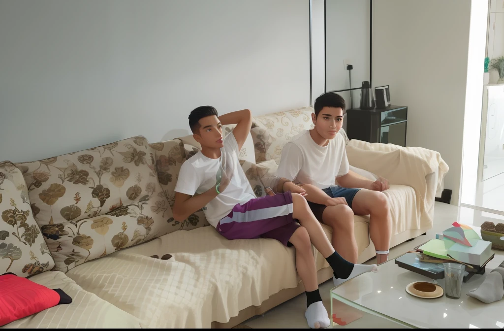 Two boys sitting on sofas in the living room, Handsome, Young, Dark complexion, High quality photos, Looking at the camera, Wear white socks and black shorts,Exquisite high quality,Handsome boyish feeling,Handsome