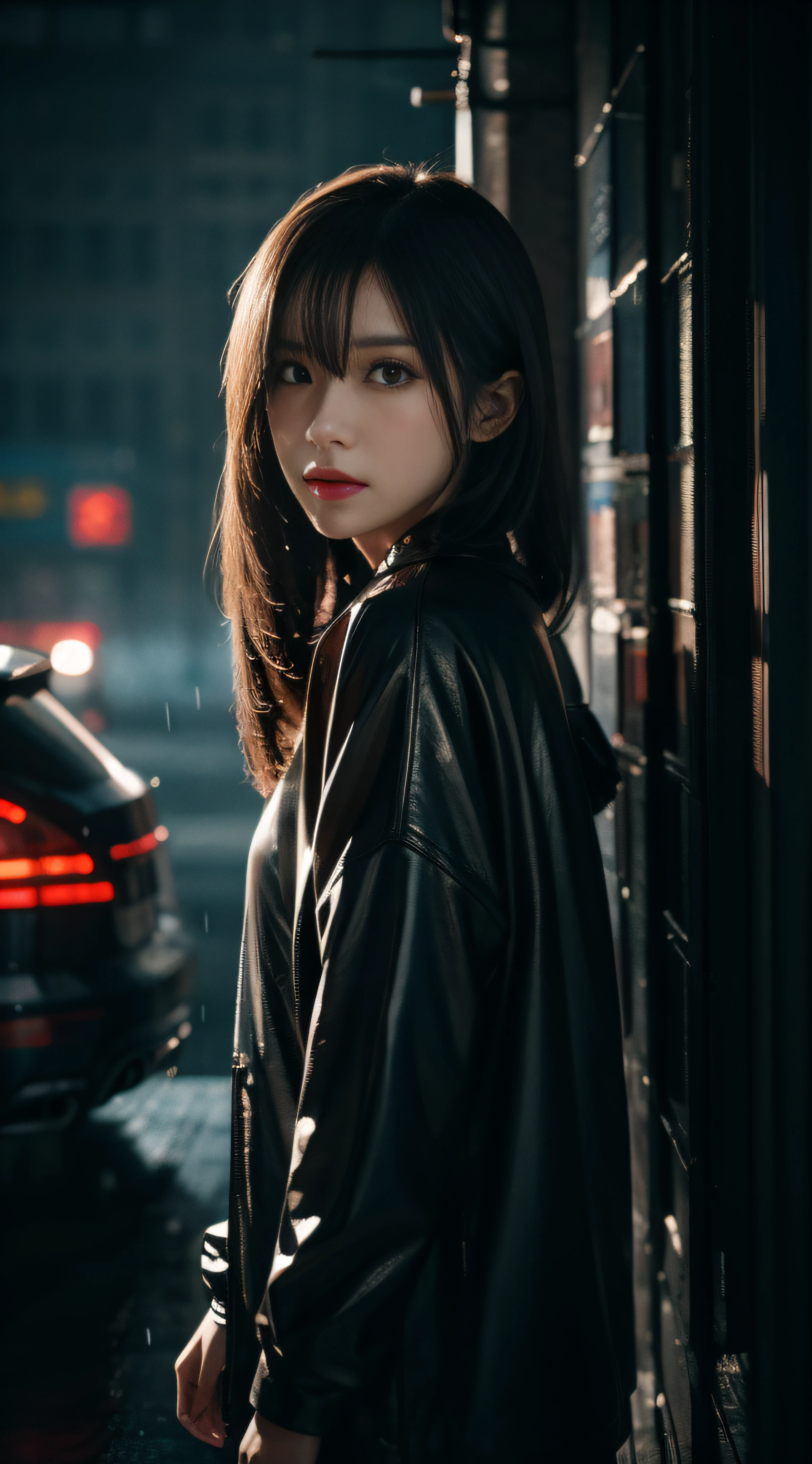 masterpiece、hightquality、Soio、beautiful model、Back lighting、mid shot portrait, battle garments、beautiful hairl、A detailed eye、rain is falling、Brown short-cut hair、low angles、wide-angle lens、14mm lens、sigma、Depth of subject、8K High Resolution、细致背景、Dramatic scenes、Rain on neon sign street、Blade Runners Air、full body Esbian、Cinematic. leng jun, Anime style mixed with Fujifilm, Inspired by Liam Wong, inspired by Kanō Naizen, cyberpunk photo, cyber punk style,hyper-realistic cyberpunk style, Drawing with enhanced hair details、A detailed face、more hair、Detailed nose、Detailed mouth、Detailed body、stares at the camera、Hair details