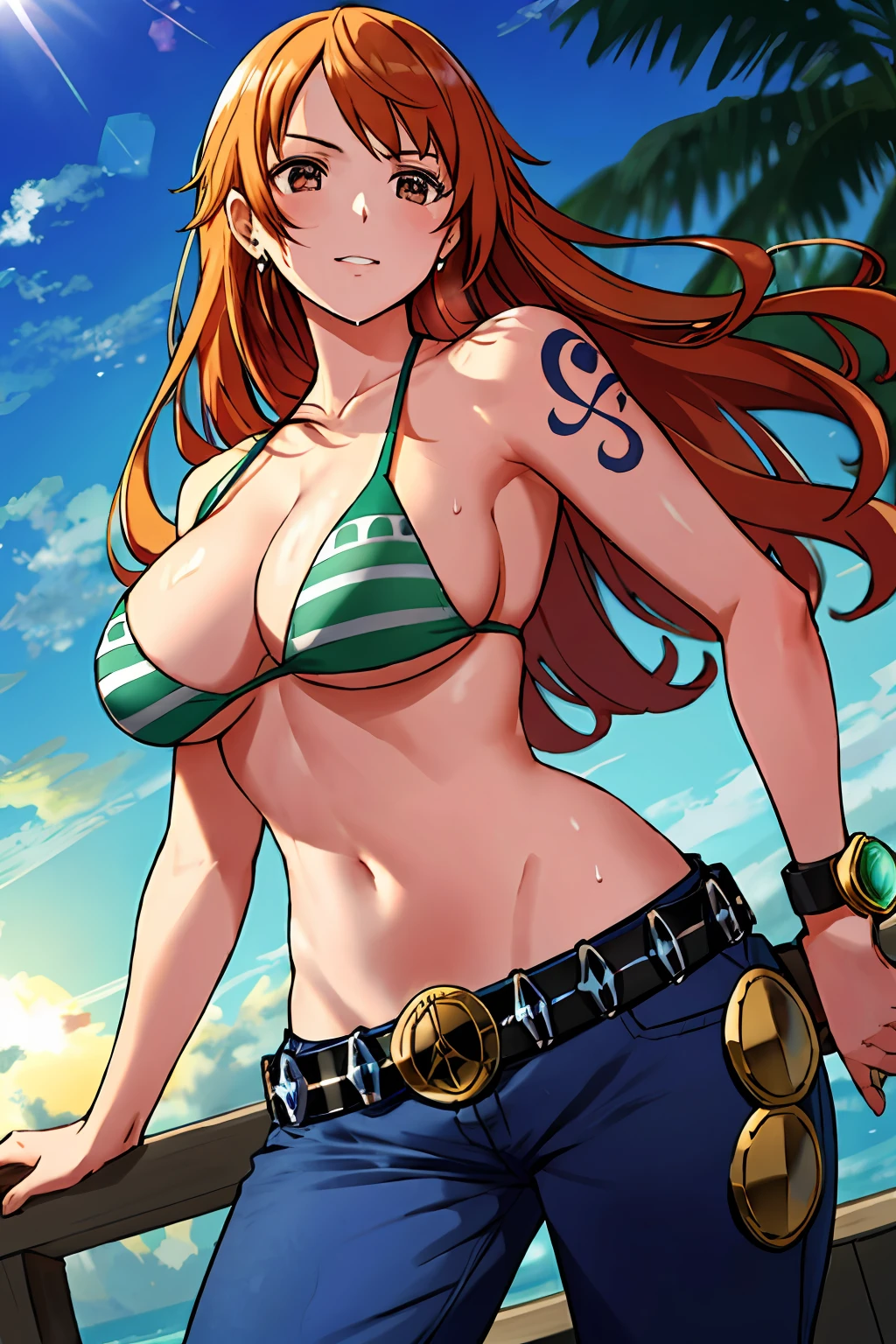 detailed background, masterpiece, 4k, best quality, late youth, adult, wrestler body, 1girl, active, energic, uppercut, (large mouth) , solo, nami \(one piece\), 1girl, bangle, (very wet, drenched in sweat, sweat all over body, very wet hair, tired, taking breath, open mouth, hand on stomach, sweaty face, sweaty body, panting, sweating too much, shiny sweat, sweat stains, leaning, tilting), perfect detailed face, bold drawing lines, muscular arms, detailed bold arm lines, flat jaw, adult woman, wavy wide streaked bangs, floating bang streaks, (big cheeks), bare shoulders, off-shoulders, belt, bikini, bikini top only, blue sky, bracelet, springy breasts, breast lines, big round eyes, plain big brown shiny eyes, bubbles, high eye position, cleavage, cloud, day, denim, earrings, floating hair, shiny hair, green belt, green bikini, bold groin lines, jeans, jewelry, large breasts, log pose, long hair, looking at viewer, navel, wet hair, orange hair, pants, shoulder tattoo, sidelocks, sky, solo, standing, stomach, swimsuit, tattoo , looking at viewer, open mouth, detailed left arm, big forehead, hourglass figure, small head, toned body, wide hair, wind effect, sun effect, under the sun, narrow small ears angle, older, random poses,