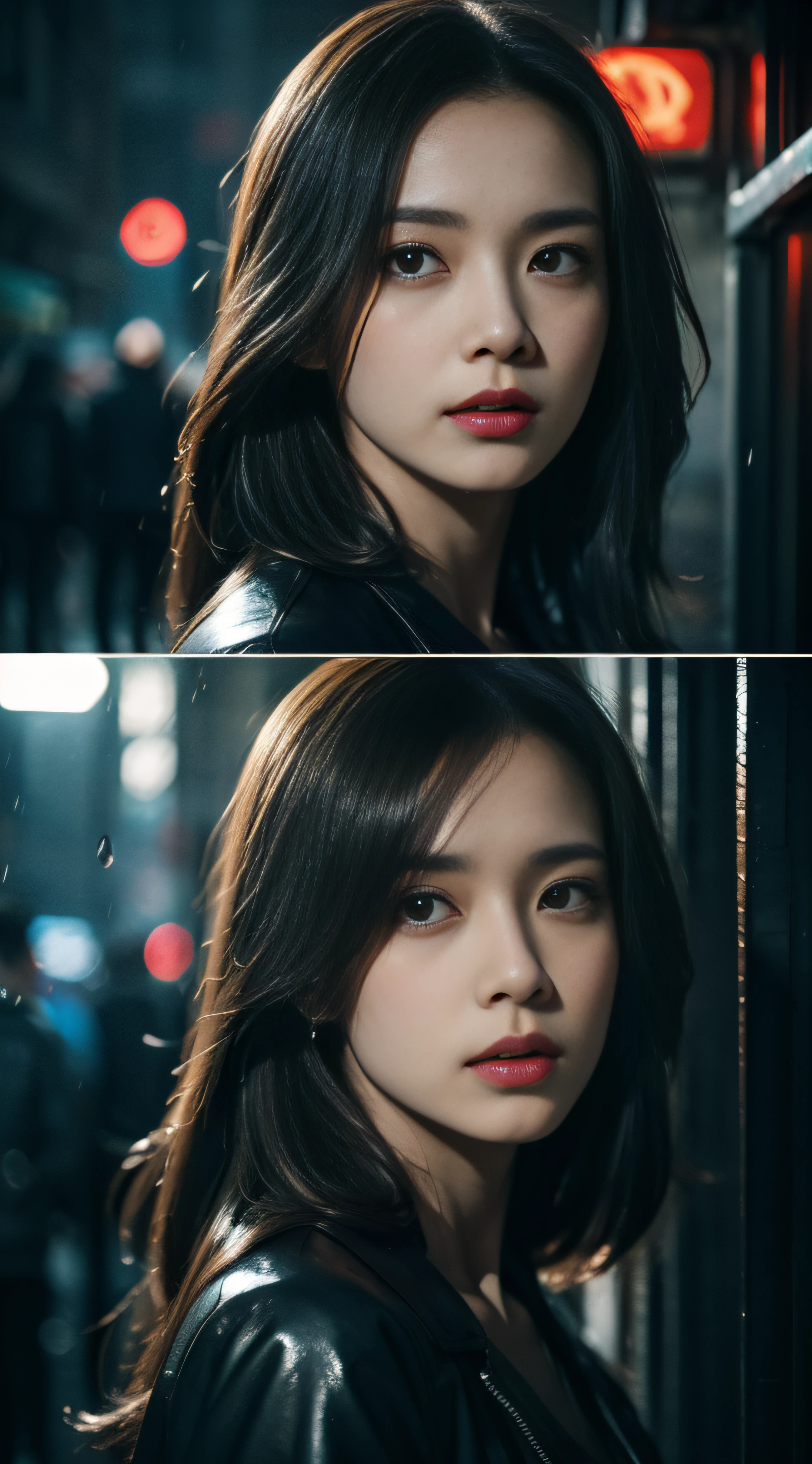 masterpiece、hightquality、Soio、beautiful model、Back lighting、mid shot portrait, battle garments、beautiful hairl、A detailed eye、rain is falling、Brown short-cut hair、low angles、wide-angle lens、14mm lens、sigma、Depth of subject、8K High Resolution、细致背景、Dramatic scenes、Rain on neon sign street、Blade Runners Air、full body Esbian、Cinematic. leng jun, Anime style mixed with Fujifilm, Inspired by Liam Wong, inspired by Kanō Naizen, cyberpunk photo, cyber punk style,hyper-realistic cyberpunk style, Drawing with enhanced hair details、A detailed face、more hair、Detailed nose、Detailed mouth、Detailed body、stares at the camera、Hair details