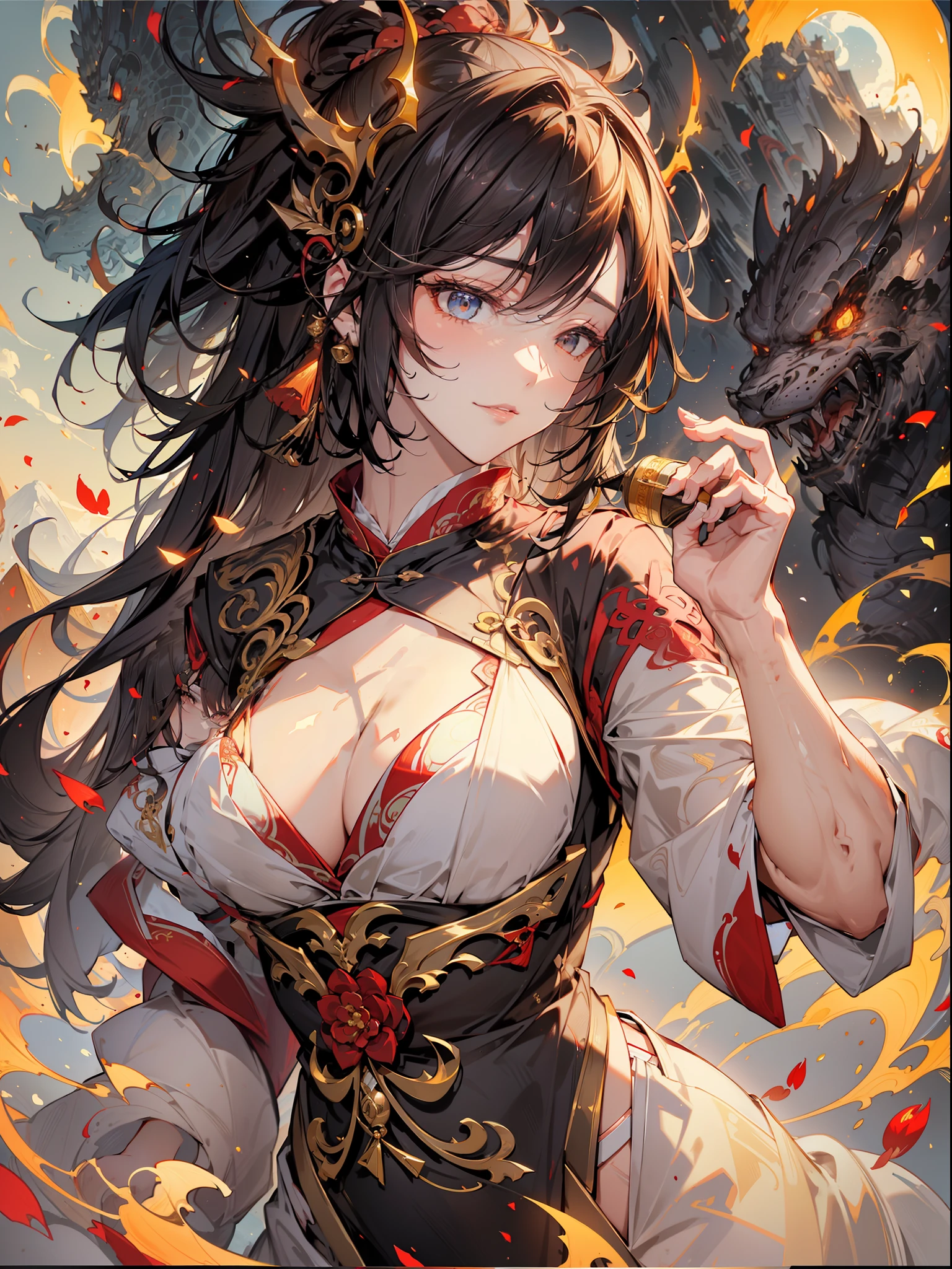 (RAW photos,best qualtiy),(realisticlying,photograph realistic:1.3),Extremely refined and beautiful,astounding,finedetail,tmasterpiece,hyper-detailing,A high resolution,(Most Best Illustration),(best shadow),iintricate,(In a crimson gold Chinese dragon,There is gold dust around,Black flowers,the trees,petals,ventania,Oh, God,Long wavy body,fang,fanciful,mito,high high quality,highly detailed,tmasterpiece,epic,particle effect,Dynamic effects,(drak:1.4)Front),Clouds,firestorm,mountain ranges,the sunset,sharp fokus, volume fog, 8K UHD, digital SLR camera, high qulity, (filmgrain:1.4), 富士XT3,offcial art, Unity8k wallpapers, ultra - detailed, Beautiful and beautiful, best qualityer, (Zen entanglement, tangled, entangled), (s fractal art: 1.4), 1girll, brunette color hair, chino, Splendid robes, The is very detailed, dynamic angle, (The most beautiful chaotic shape), flowing, (Bright colors), OC, (halfway: 1.2), Chinese big breasts, (tape: 1.3), (dream: 1.5), (Hanfu: 1.5), chinesedragon,(ssmile: 0.5), (Chinese God), realisticlying, 超A high resolution, 复杂, hyper-detailing, (dent in the skin), femele, Detailed body, (Detailed face: 1.1), (contoured iris), (Watercolor lenses), (perfect eyes), 4k, opulent, (tmasterpiece: 1.2), (best qualtiy:1.2),slutty,tempting pose。