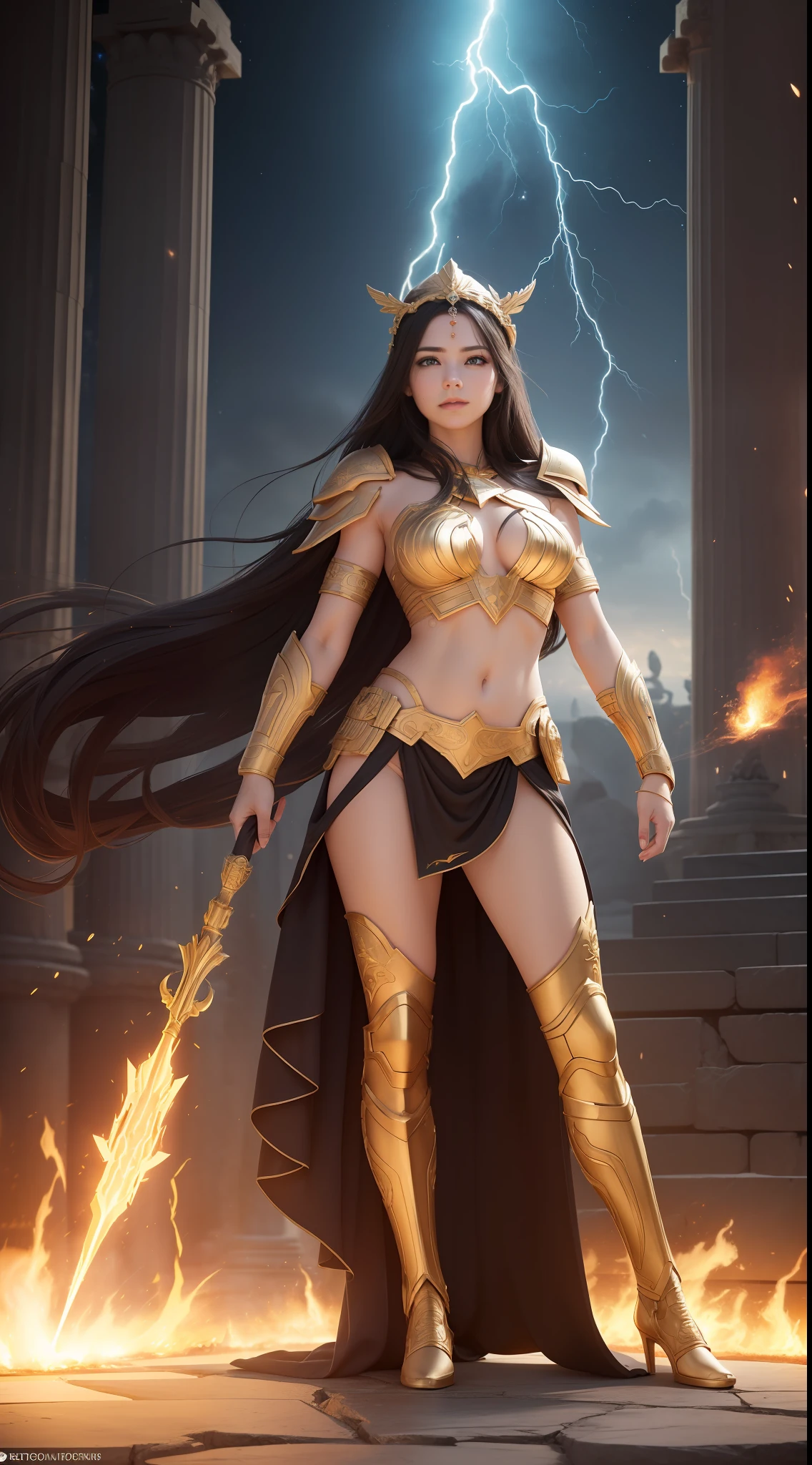 Goddess of War,dong,Golden armor,complex patterns,greek temple,The background is a starry sky,(skin indentation:1.5), realisticlying, realisticlying, (Masterpiece:1.5), concept-art, intricately details, highly detailed, realisticlying, rendering by octane, 8K, unreal-engine, dynamicposes, Best quality at best, A high resolution, (photorealiscic face:1.1), (Hyper-realistic:1.1), ((full_Body)), perfect eyes,(shiny skins:1.2),Cast lightning, eletric, rotating flame, Radiant force, spark of light, smog, magia, ((Dramatic)), Epic, battlefiled, depth of fields, Background bokeh, 4K, gotik, ashes, Particle,