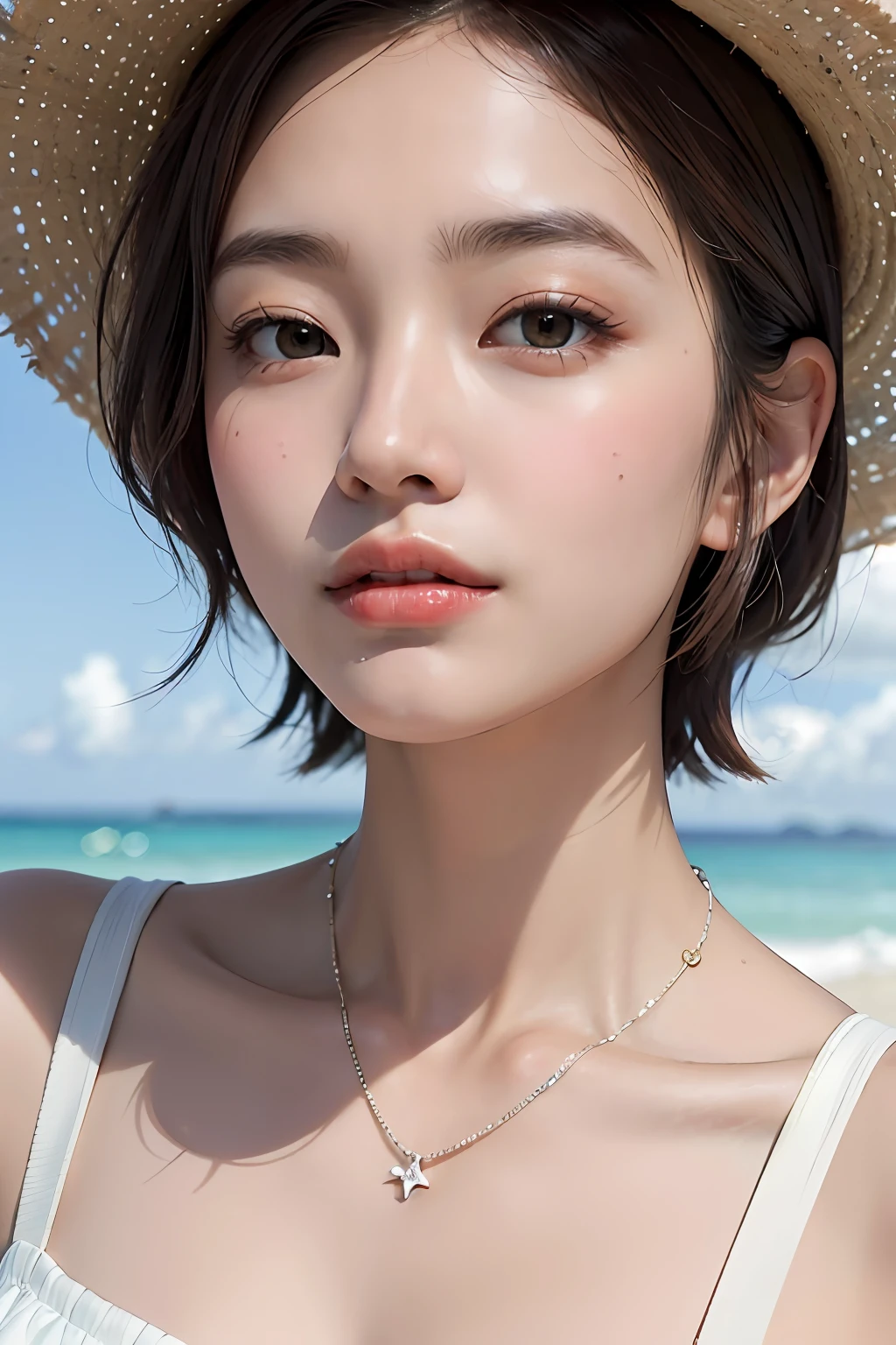 hightquality、masterpiece、超A high resolution、((Asian beauty face))、Beautiful adult woman、a closeup、Thin makeup、ssmile、Light brown short-cut hair、Small necklace、White sleeveless shirt、skin tanned、Cloudy seaside、Rough seas、cloudiness、strong breeze、cloudy ash sky、