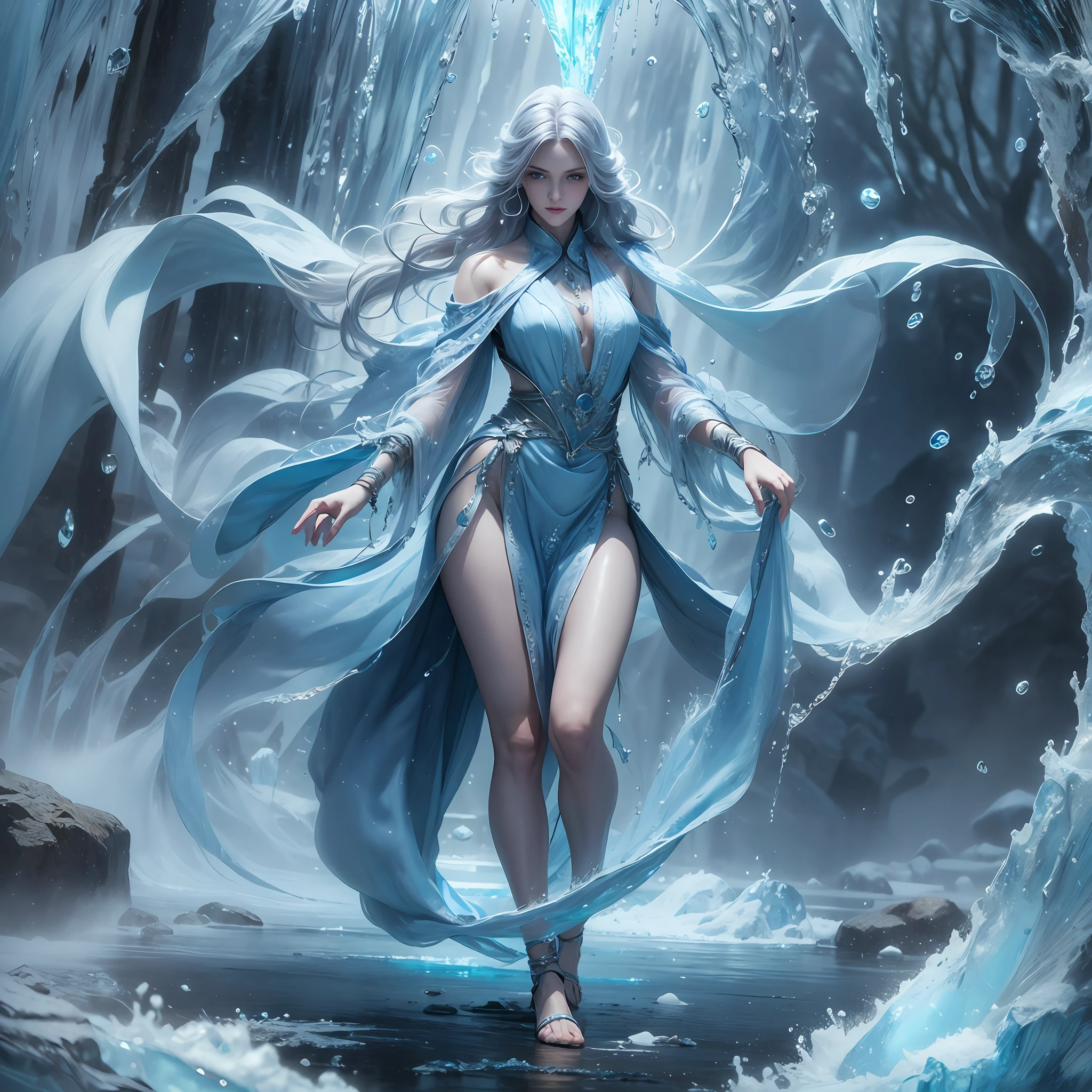 Highest quality, masterpiece, a mature woman, silver glossy long hair, slender legs, (beautiful face: 1.3), conforming to human anatomy, icy environment, huge icicles, blue gradient environment, surrounded by water, dreamy, 8k, full body, (only 5 fingers), cinematic light, realistic