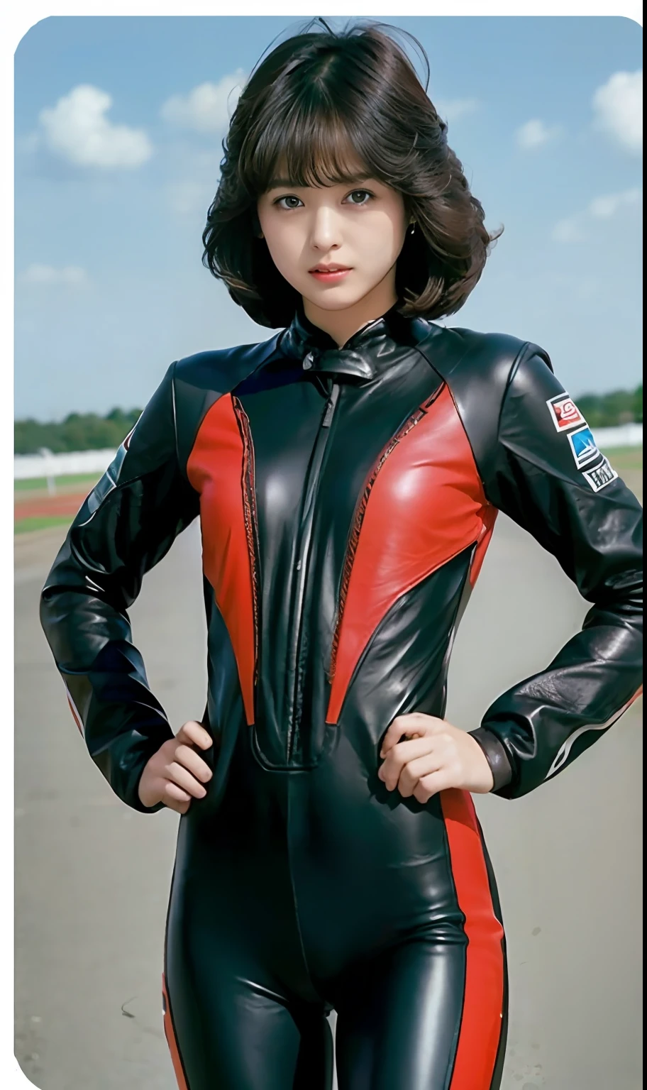 (Raw foto:1.2), Beautuful Women, hight resolution, top-quality,  ((Black Leather Racing Suit)､Circuit field