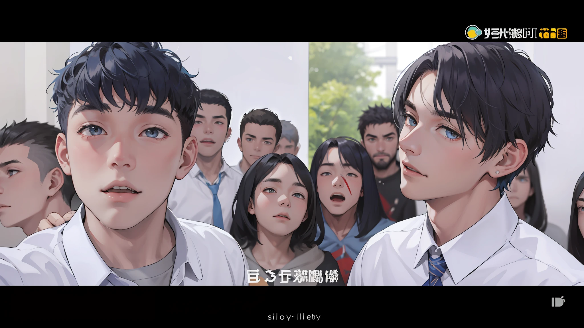 In the background is a silver city Two 15-year-old teenage friends with blue hair, With Latin skin and light gray hair on the outskirts of a large silver city they are talking about an important topic they are friends almost like brothers..............
