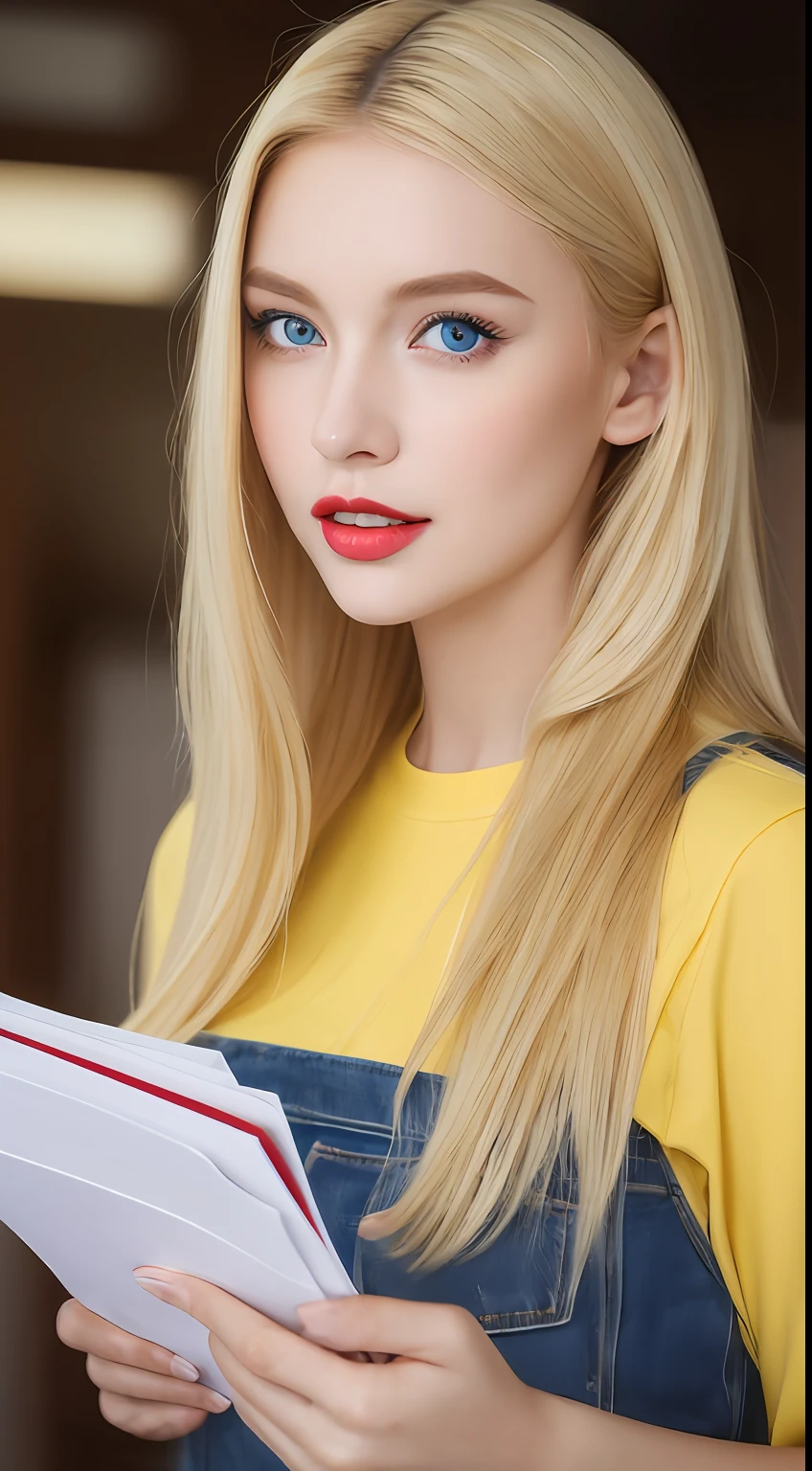 Best quality, 8K, masterpiece 1:2. A beautiful Russian girl with yellow Tshirt "BeeVN", jeans (Alluring figure), blonde hair, ocean blue eyes, high nose, luscious red lips, and a captivating smile. holding multiple letters and documents. There are many boxes of documents. Post office. ultra-detailed face, detailed lips, detailed eyes