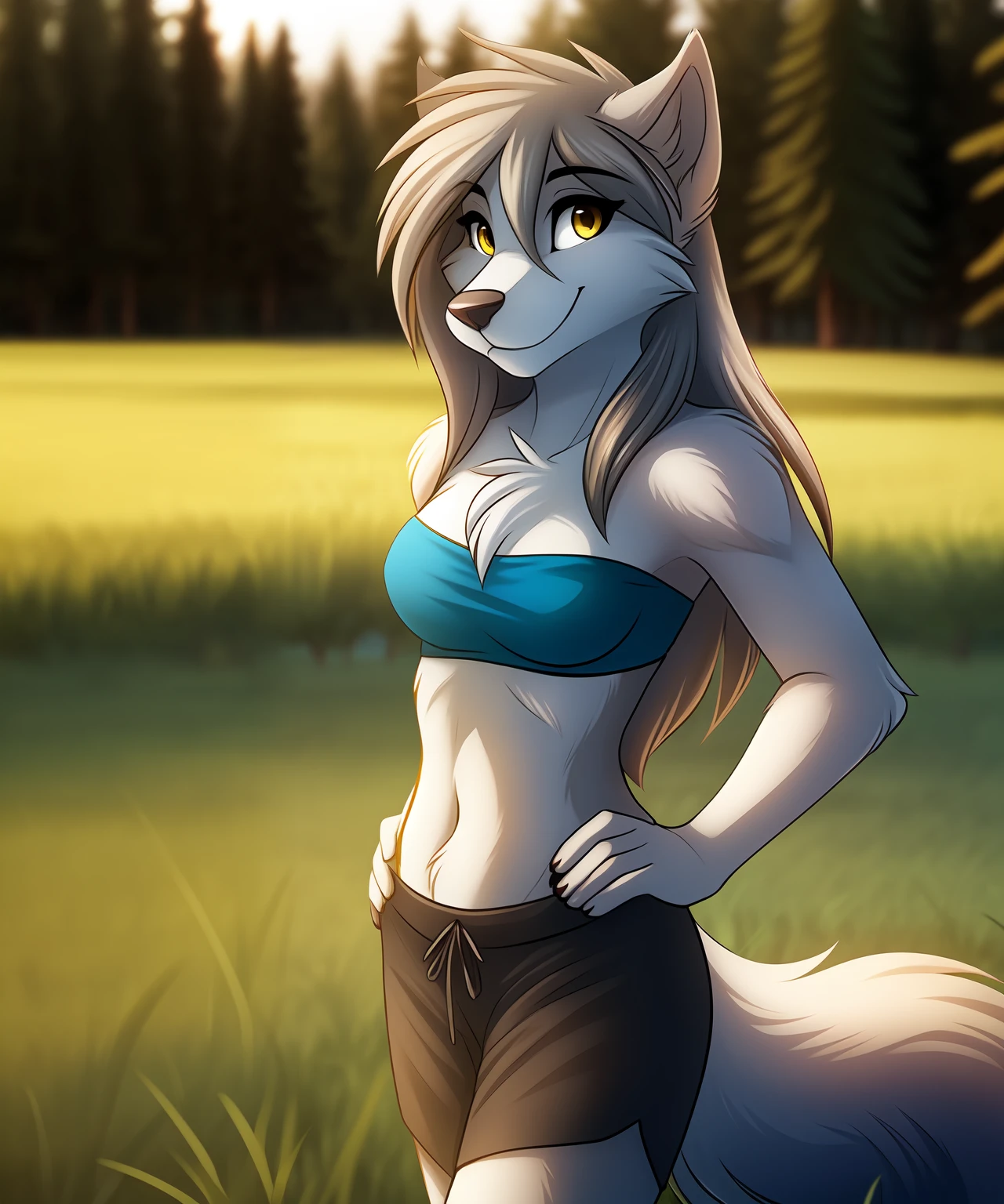 (best quality, masterpiece:1), solo, furry female anthro raine-silverlock, blue bandeau, dark shorts, standing, long hair, cute pose, wolf tail, looking at viewer, smile, seductive, hand on hips, yellow eyes, (outdoors grass field trees blurry blurred background:1.1),