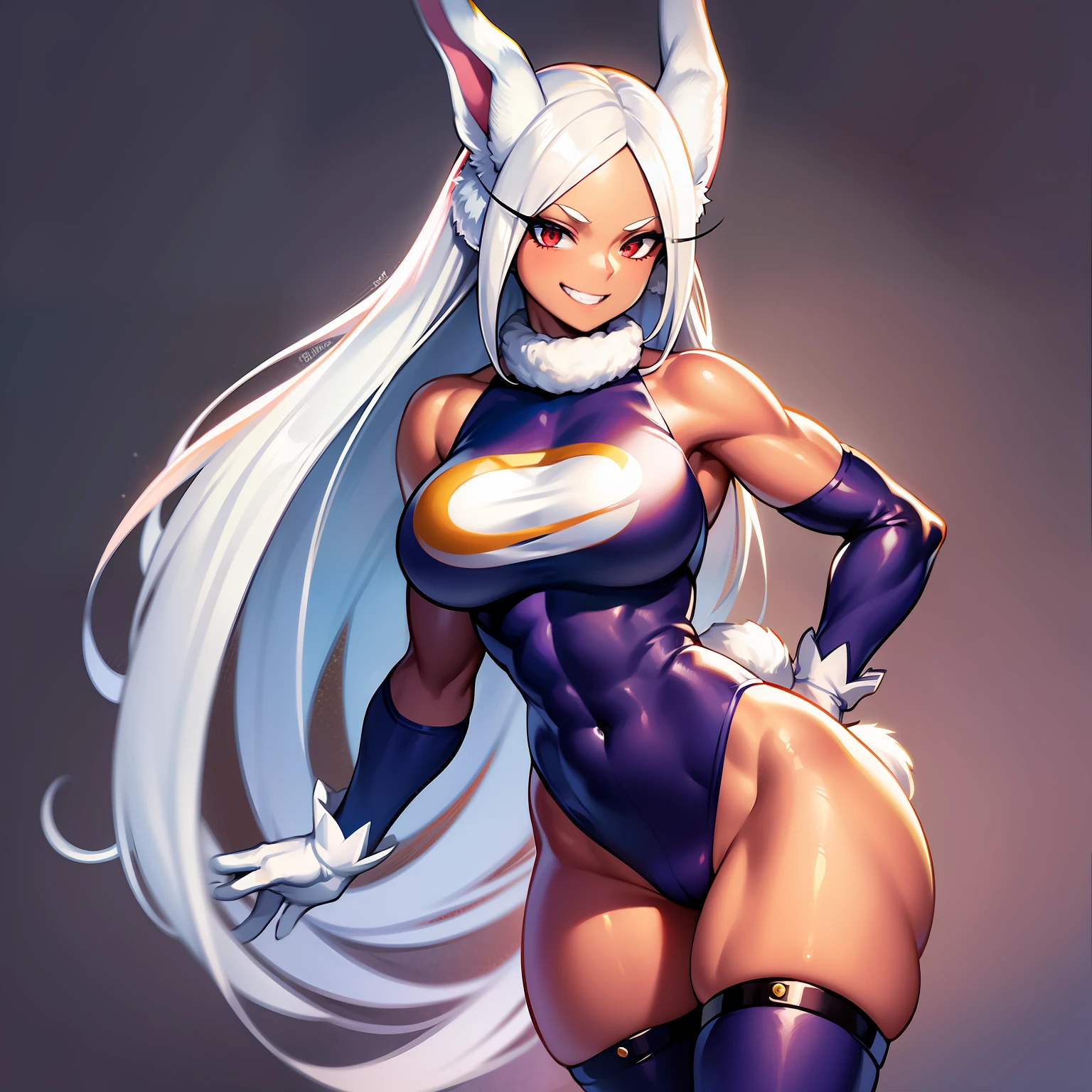 mirko mha, grin, dark-skinned female, gloves, bare shoulders, large breasts, sleeveless turtleneck leotard, 1girl, rabbit girl, red eyes, crescent print, biceps, simple background, smile, standing on one leg, parted bangs, white background, thick thighs, highleg leotard, animal ears, muscular, muscular female, rabbit tail, white gloves, rabbit ears, looking at viewer, solo, standing, tail, white hair,long hair, thighhighs, very long hair, fur collar, dark skin, thighs, teeth