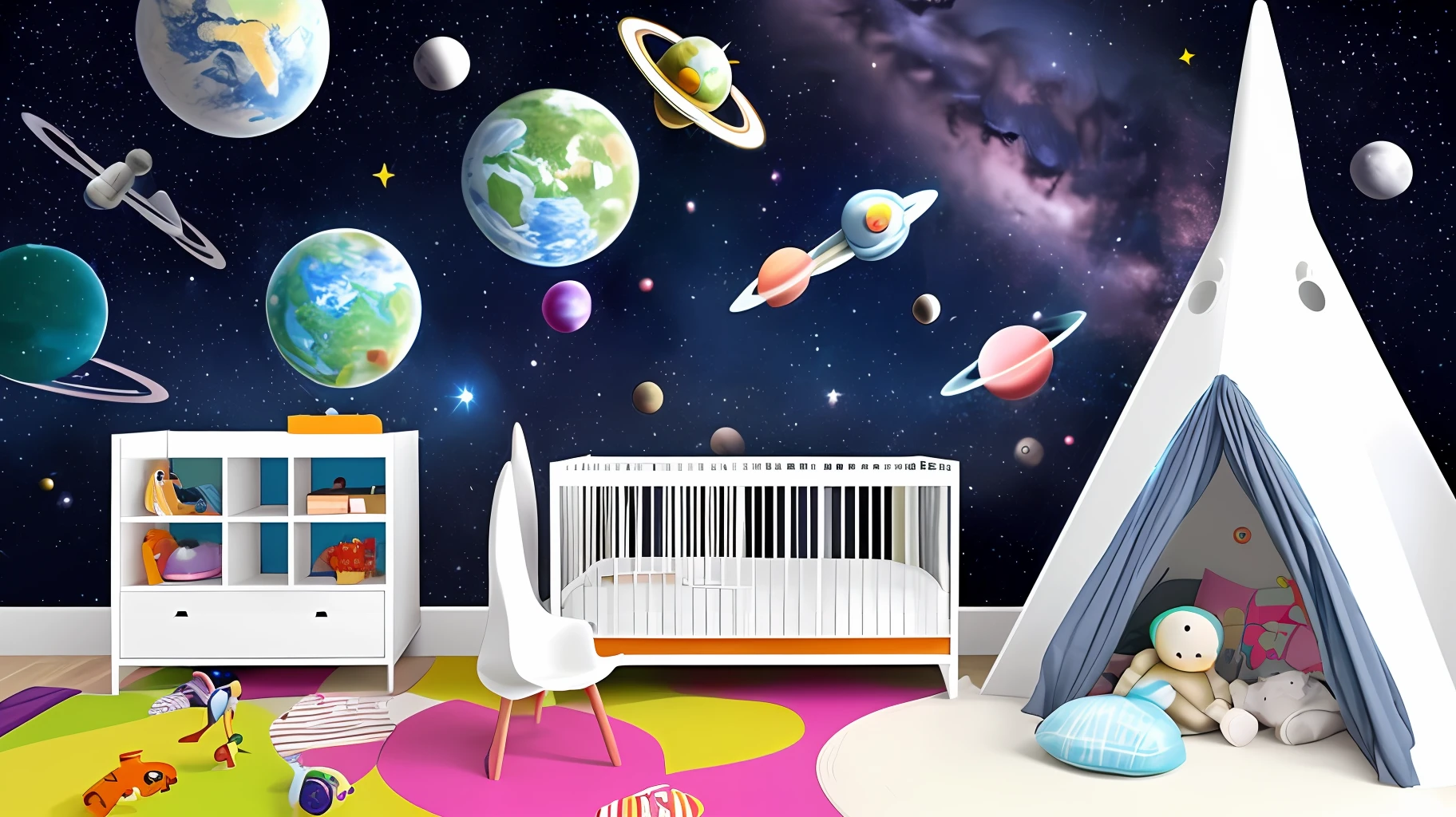 Imagine a futuristic space-themed nursery for your little astronaut, with twinkling star lights, rocket-shaped furniture, and cosmic wall murals."