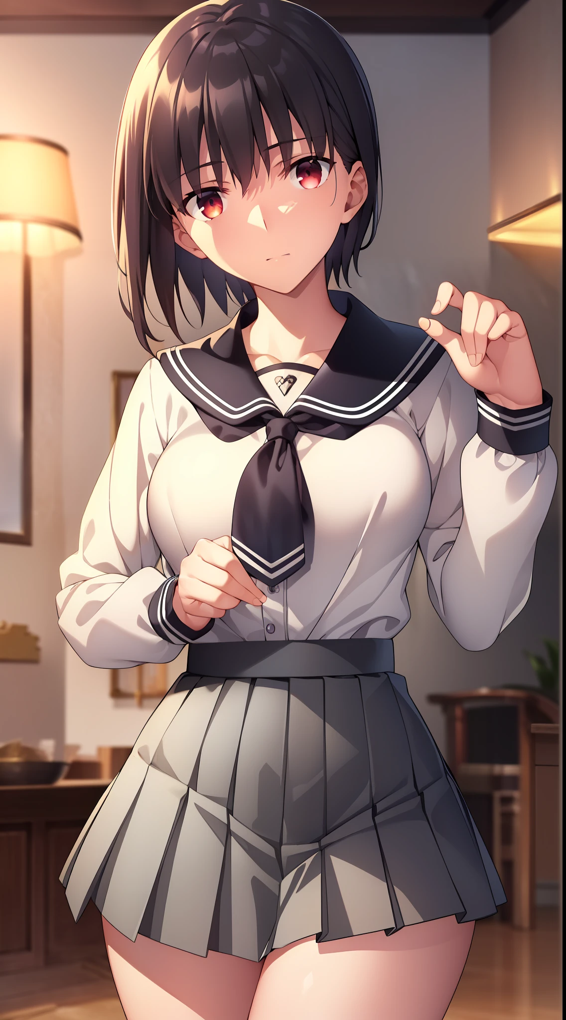 {{beautiful}}, amazing, (best quality:1.5), (masterpiece:1.5), extremely delicate and beautiful, intricate details, finely detailed, extremely detailed, beautifully detailed, ultra-detailed, (hyperdetailed:1.5), high resolution, (illustration), watercolor pencil, Clear line drawing, (ufotable style:1.1), (ufotable screen cap:1.1), anime coloring, anime screencap, (latest picture), backlighting, dynamic angle, glow, depth of field, {{body satisfaction}}, (body with a good balance of style:1.5), (slender figure:1.5), perfect body, perfect hands, perfect feet, (two arms:1.2), (two legs:1.2), (five fingers each:1.2), (perfect joint:1.2), perfect joint movement, beautiful detailed eyes, (detailed eyes:1.5), finely detailed eyes, perfect anatomy, full dissection, perfect composition, correct limbs, balance and coordination in all things, realistic:0.5, precise fingers and hands, (finely drawn hair:1.5), {{shy girl}}, (black hair:1.3), (short hair:1.3), (straight hair:1.3), bangs, (purplish red eyes:1.3), (medium breasts:1.3), (small-sized buttocks:1.3), {{sailor suit}}, (sailor collar:1.3), (white long sleeved shirt:1.3), (dark gray pleated skirt:1.3),