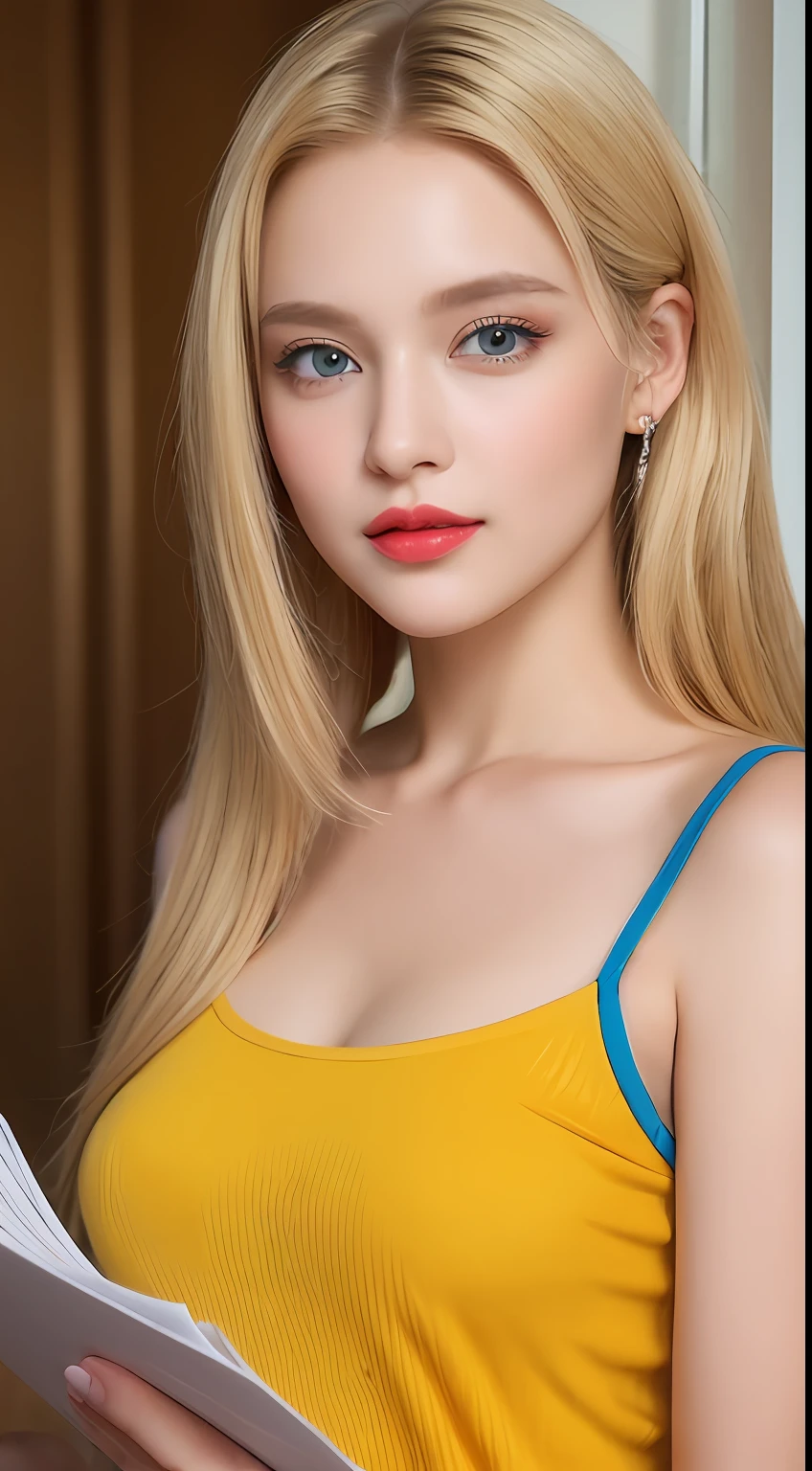 Best quality, 8K, masterpiece 1:2. A beautiful Russian girl with yellow Tshirt "BeeVN", jeans (Alluring figure), blonde hair, ocean blue eyes, high nose, luscious red lips, and a captivating smile. holding multiple letters and documents. There are many boxes of documents. Post office. ultra-detailed face, detailed lips, detailed eyes. Beautiful hand with five fingers