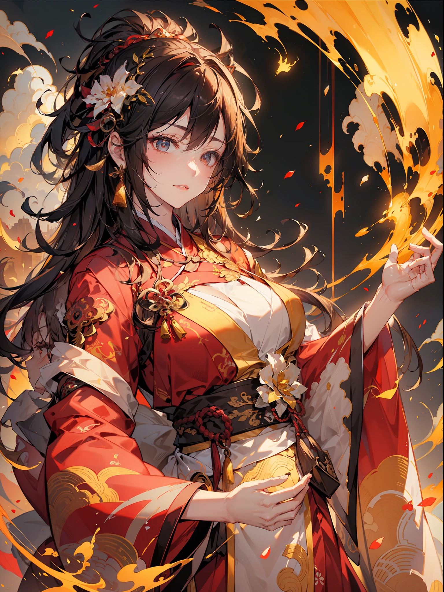 (RAW photos,best qualtiy),(realisticlying,photograph realistic:1.3),Extremely refined and beautiful,astounding,finedetail,tmasterpiece,hyper-detailing,A high resolution,(Most Best Illustration),(best shadow),iintricate,(In a crimson gold Chinese dragon,There is gold dust around,Black flowers,the trees,petals,ventania,Oh, God,Long wavy body,fang,fanciful,mito,high high quality,highly detailed,tmasterpiece,epic,particle effect,Dynamic effects,(drak:1.4)Front),Clouds,firestorm,mountain ranges,the sunset,sharp fokus, volume fog, 8K UHD, digital SLR camera, high qulity, (filmgrain:1.4), 富士XT3,offcial art, Unity8k wallpapers, ultra - detailed, Beautiful and beautiful, best qualityer, (Zen entanglement, tangled, entangled), (s fractal art: 1.4), 1girll, brunette color hair, chino, Splendid robes, The is very detailed, dynamic angle, (The most beautiful chaotic shape), flowing, (Bright colors), OC, (halfway: 1.2), Chinese big breasts, (tape: 1.3), (dream: 1.5), (Hanfu: 1.5), chinesedragon,(ssmile: 0.5), (Chinese God), realisticlying, 超A high resolution, 复杂, hyper-detailing, (dent in the skin), femele, Detailed body, (Detailed face: 1.1), (contoured iris), (Watercolor lenses), (perfect eyes), 4k, opulent, (tmasterpiece: 1.2), (best qualtiy:1.2),slutty,tempting pose。